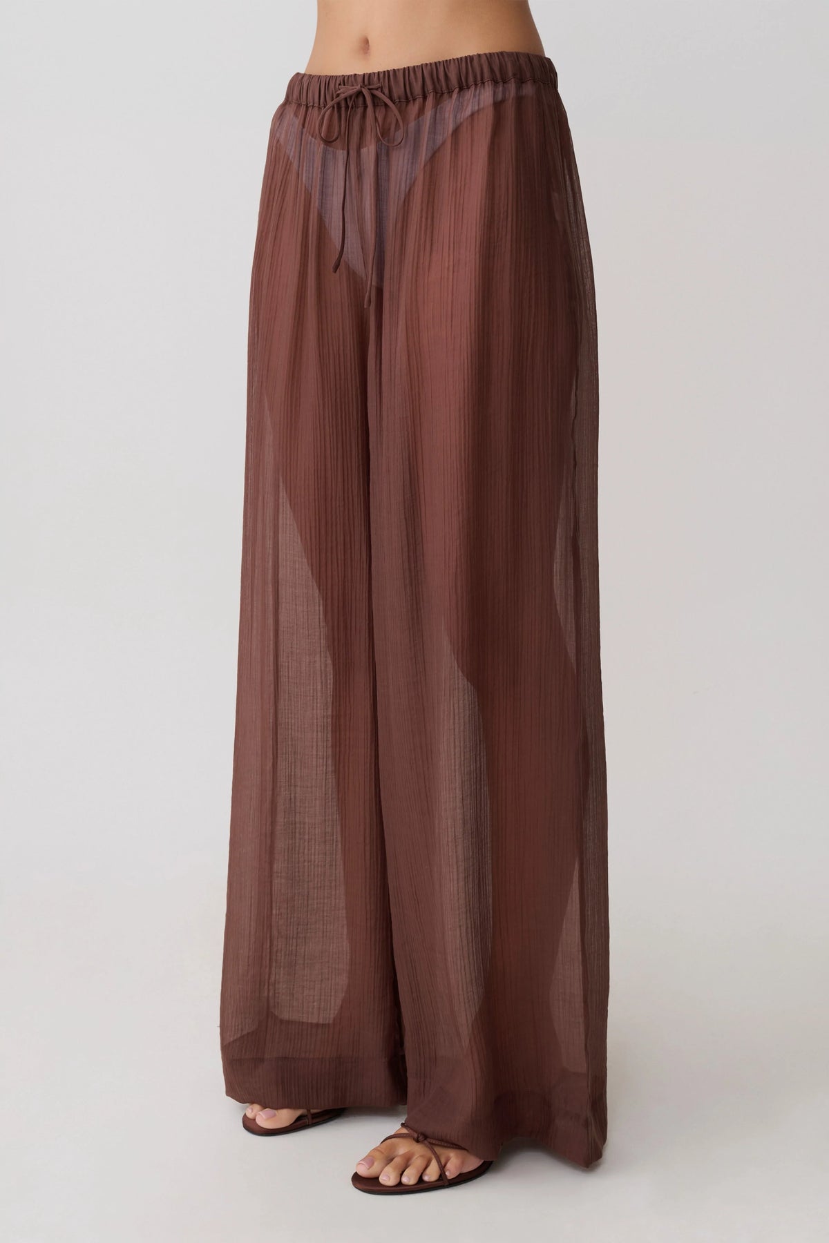 Leilani Sheer Drawstring Wide Leg Pants Chocolate