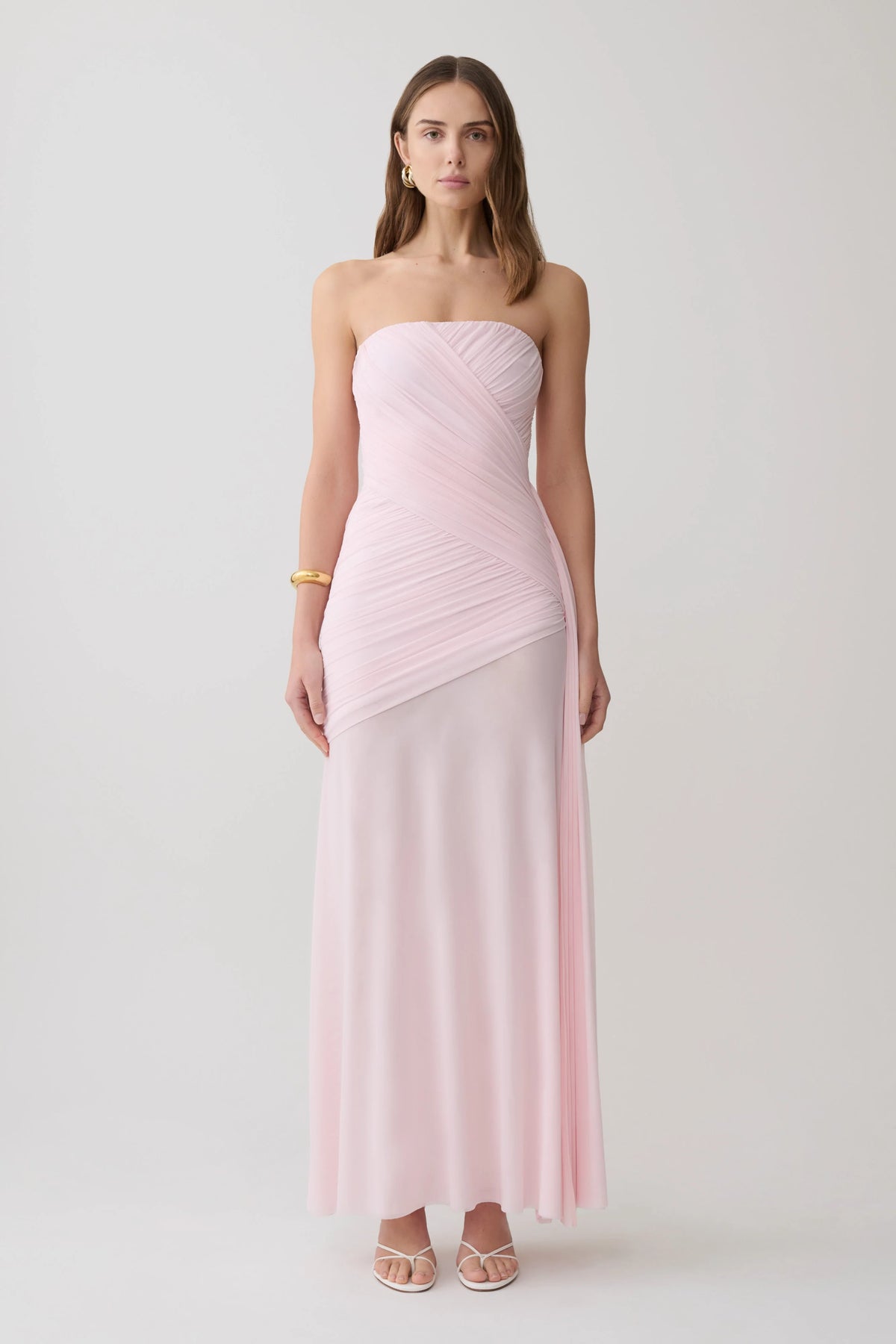 Monet Strapless Ruched Mesh Maxi Dress Ballet Pink