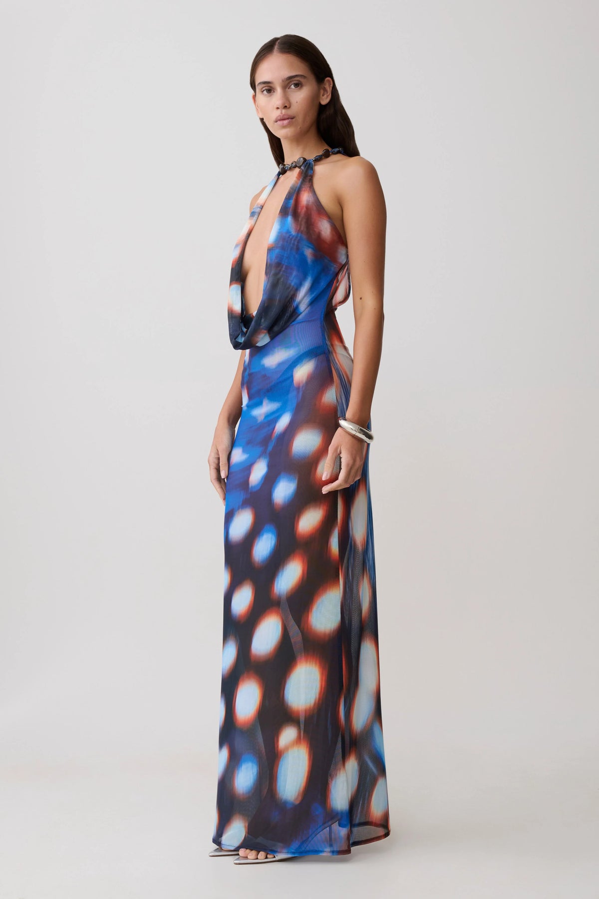 Ethel Mesh Cowl Plunge Maxi Blue Abstract Print