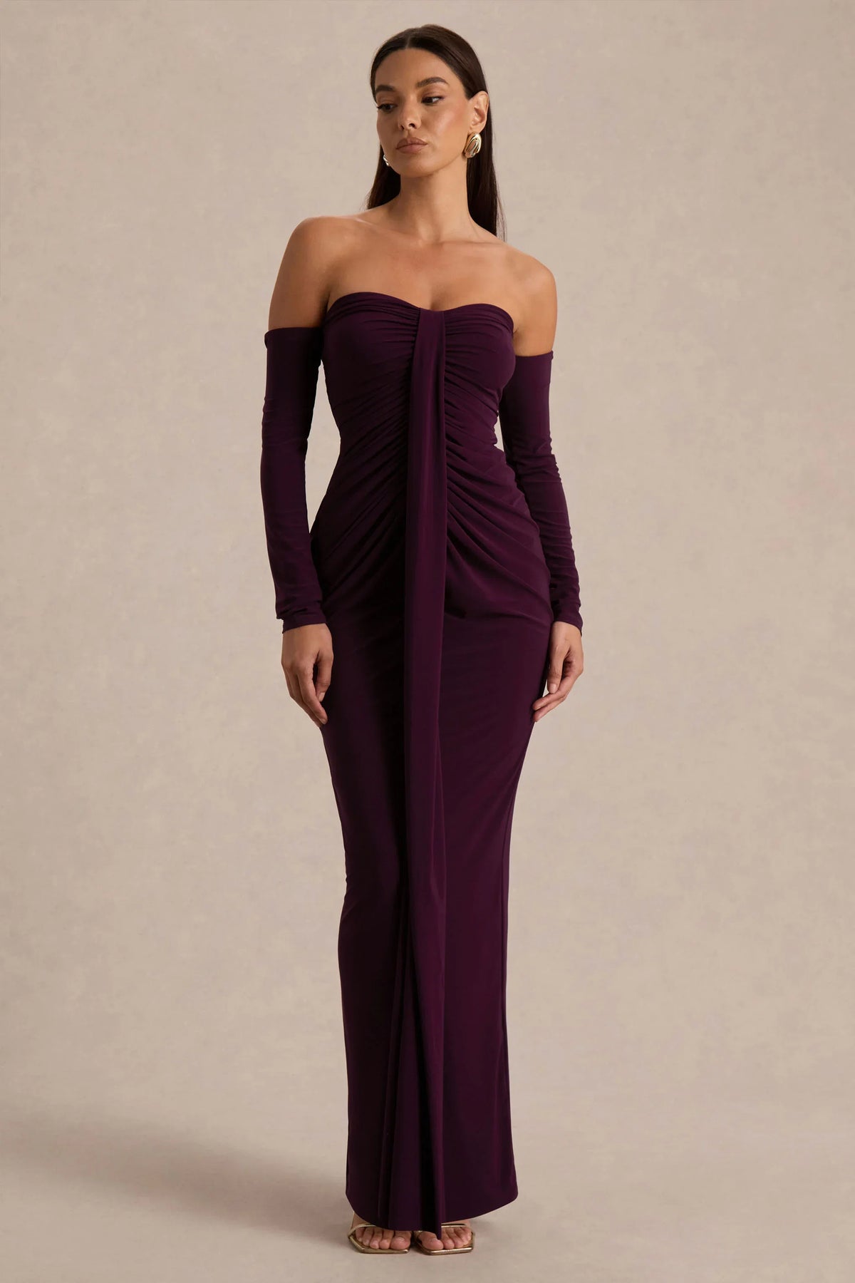 Harper Plum Bardot Neck Maxi Dress