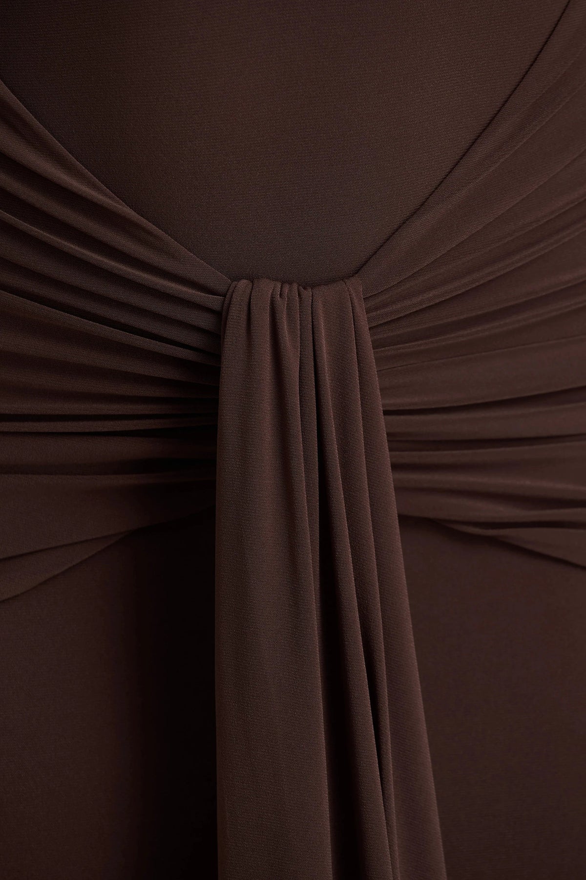 Saffie Chocolate Extreme Plunge Wrap Maxi Dress With Long Sleeves And Ruched Detailing