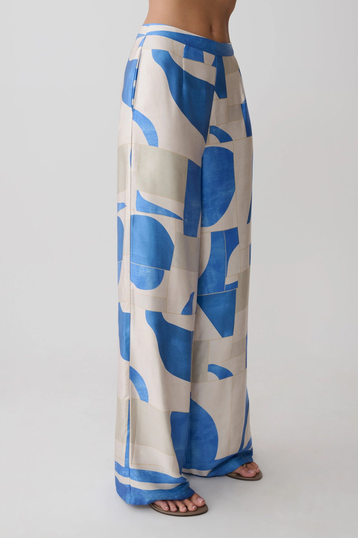Rachel Satin Straight Leg Pants Blue Geo Tile Print