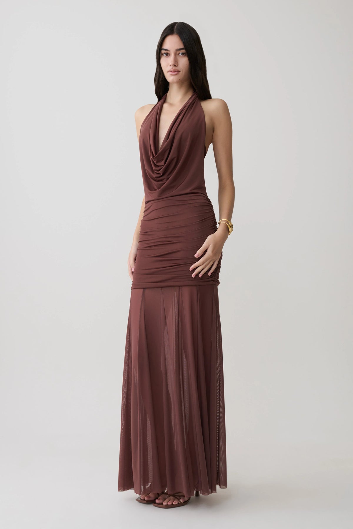 Jorja Draped Halter Slinky Maxi Dress Chocolate