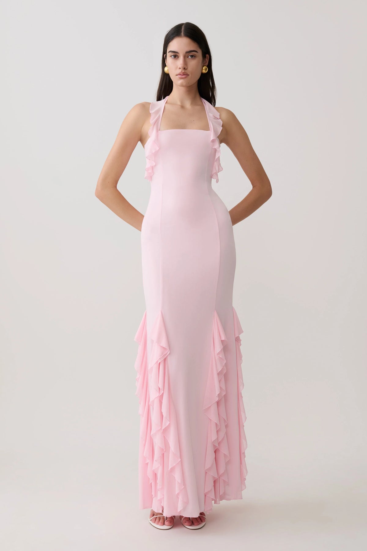 Etta Ruffle Slinky Maxi Dress Pale Pink