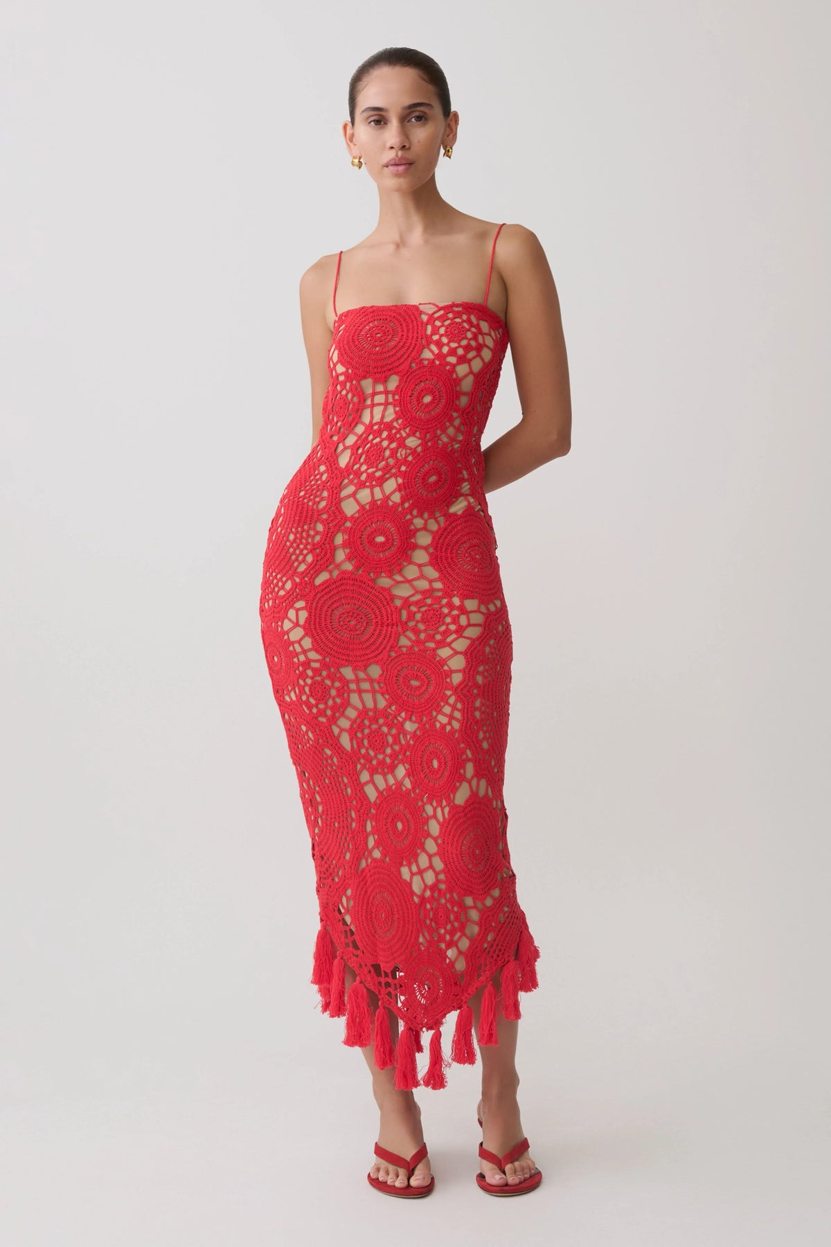 Delta Crochet Halter Midi Dress Red