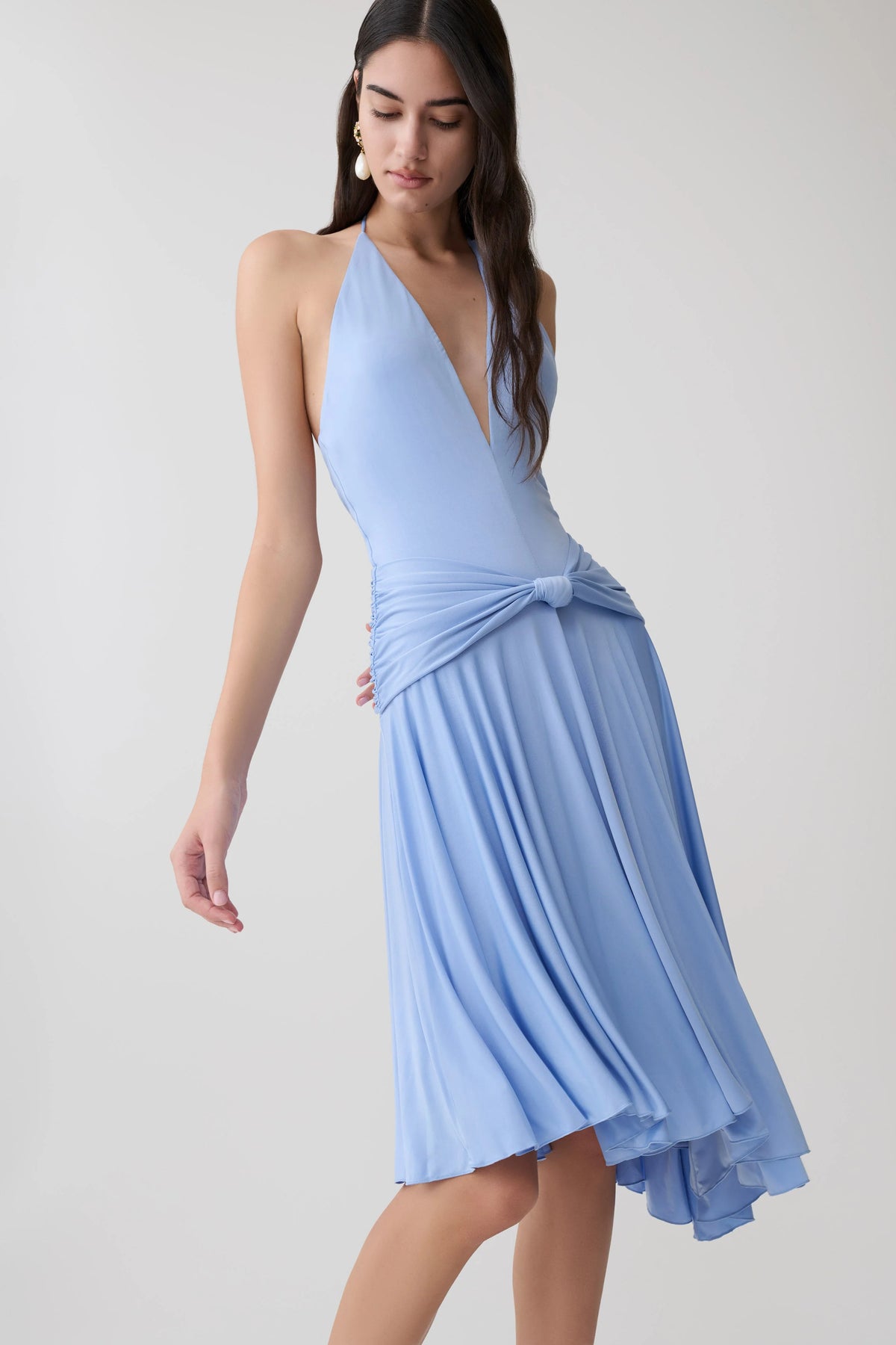Zelda Asymmetric Slinky Midi Dress Cornflower Blue