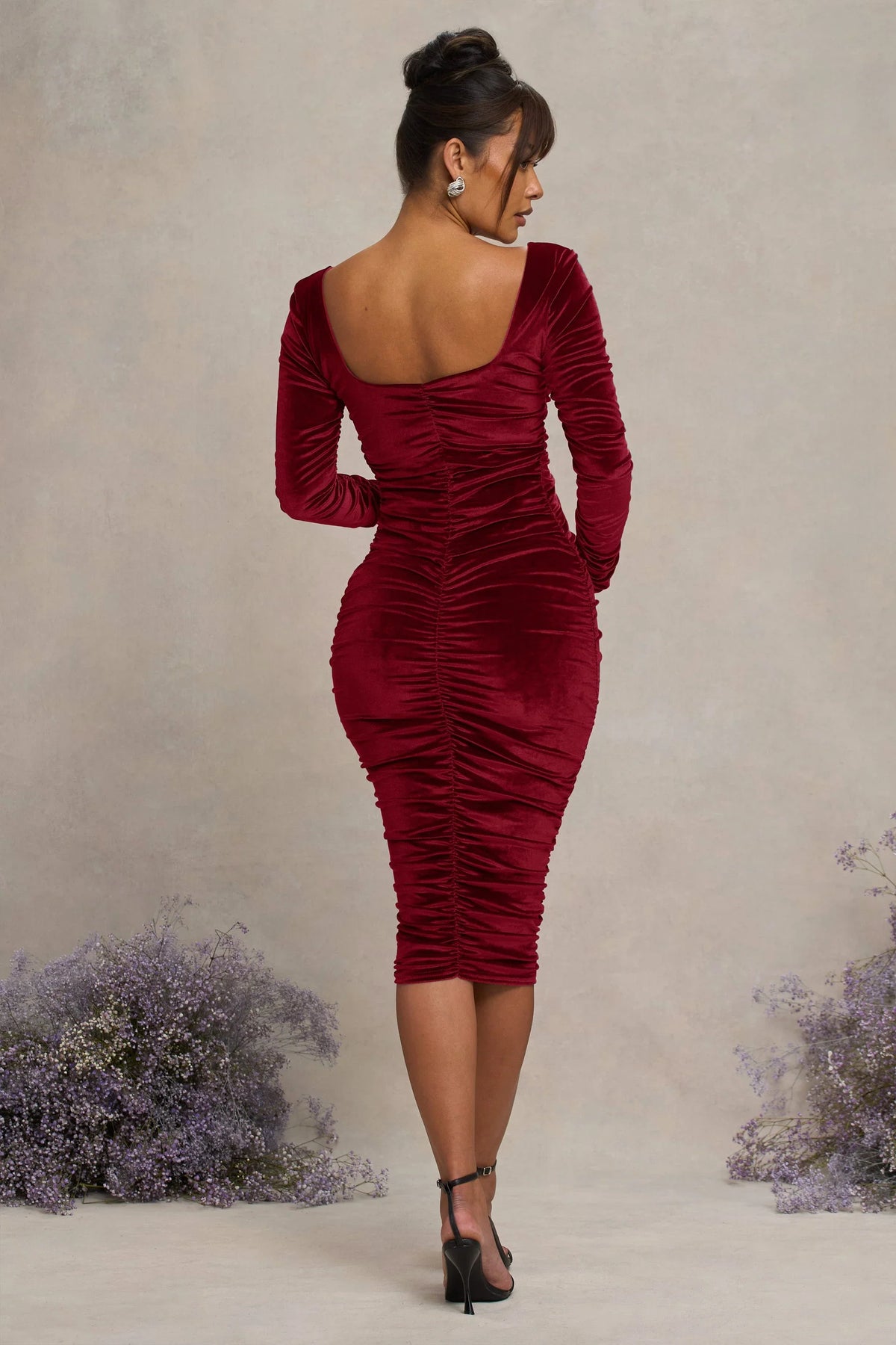 New Life Berry Velvet Maternity Square Neck Ruched Midi Dress