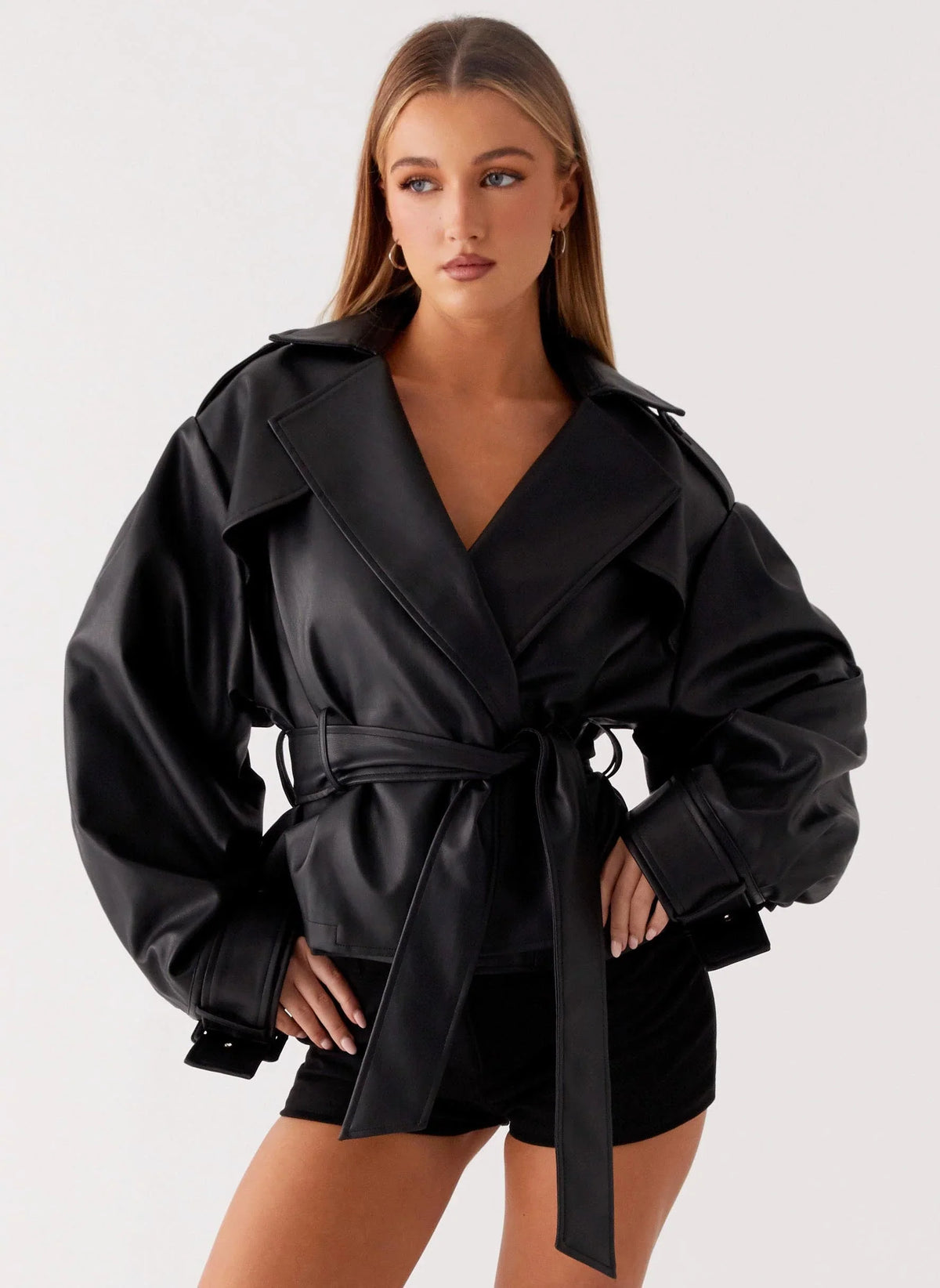 Midtown Faux Leather Trench Black