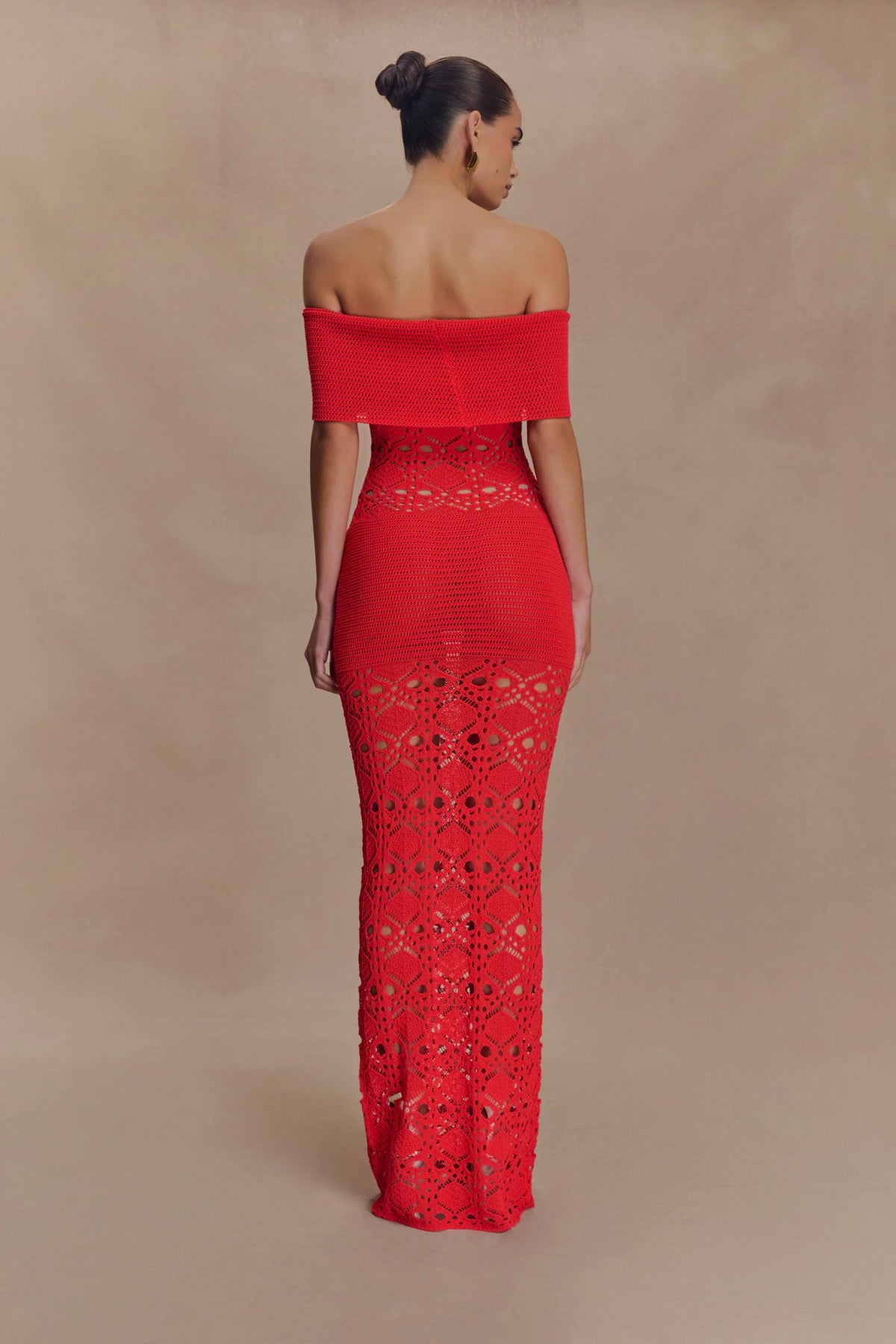 Solstice Off Shoulder Crochet Knit Maxi Dress Blood Orange