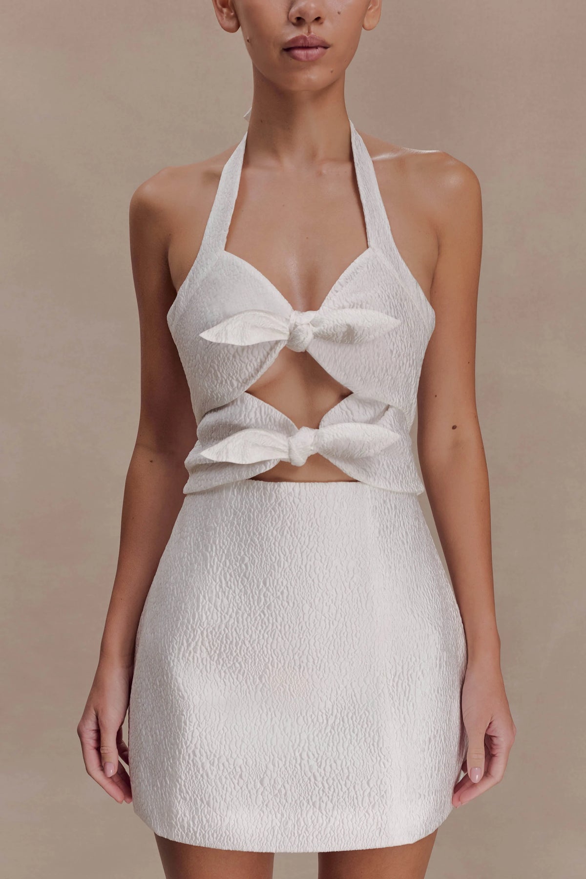 Ella Bow Detail Halter Mini Dress White