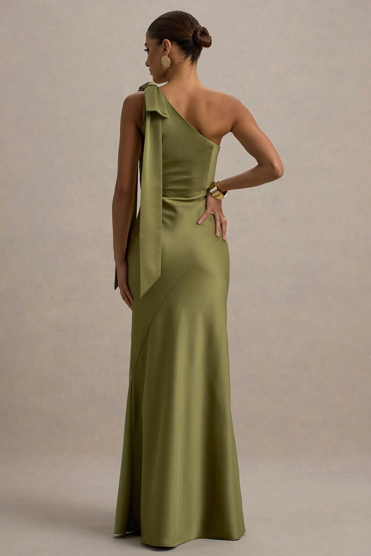 Here For Love Khaki Satin Asymmetric Maxi Dress With Bow