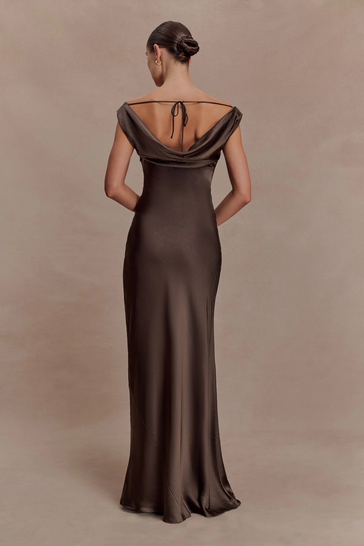 Ashley Cowl Neck Lace And Satin Maxi Dress Mocha