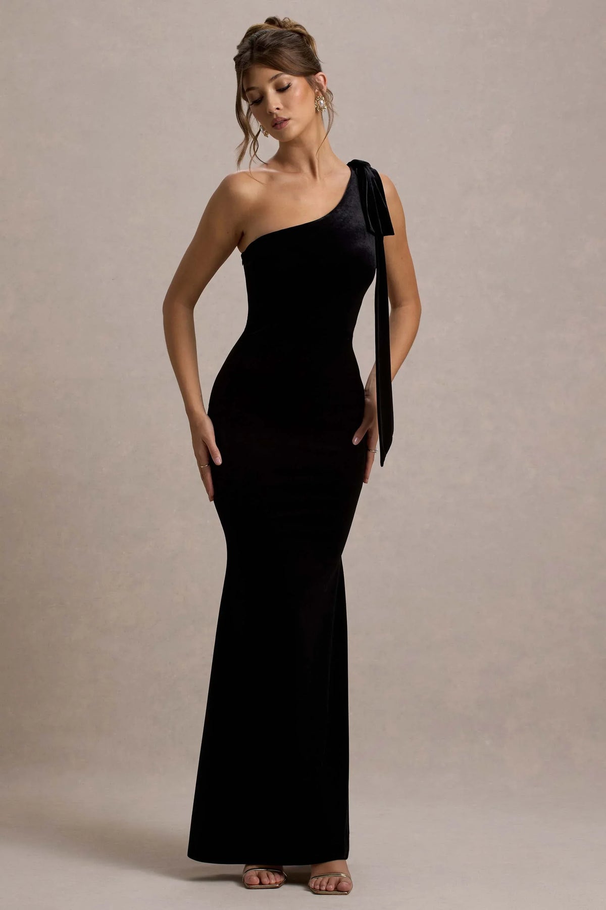 Jillian Black Velvet Asymmetric Maxi Dress With Bow Strap