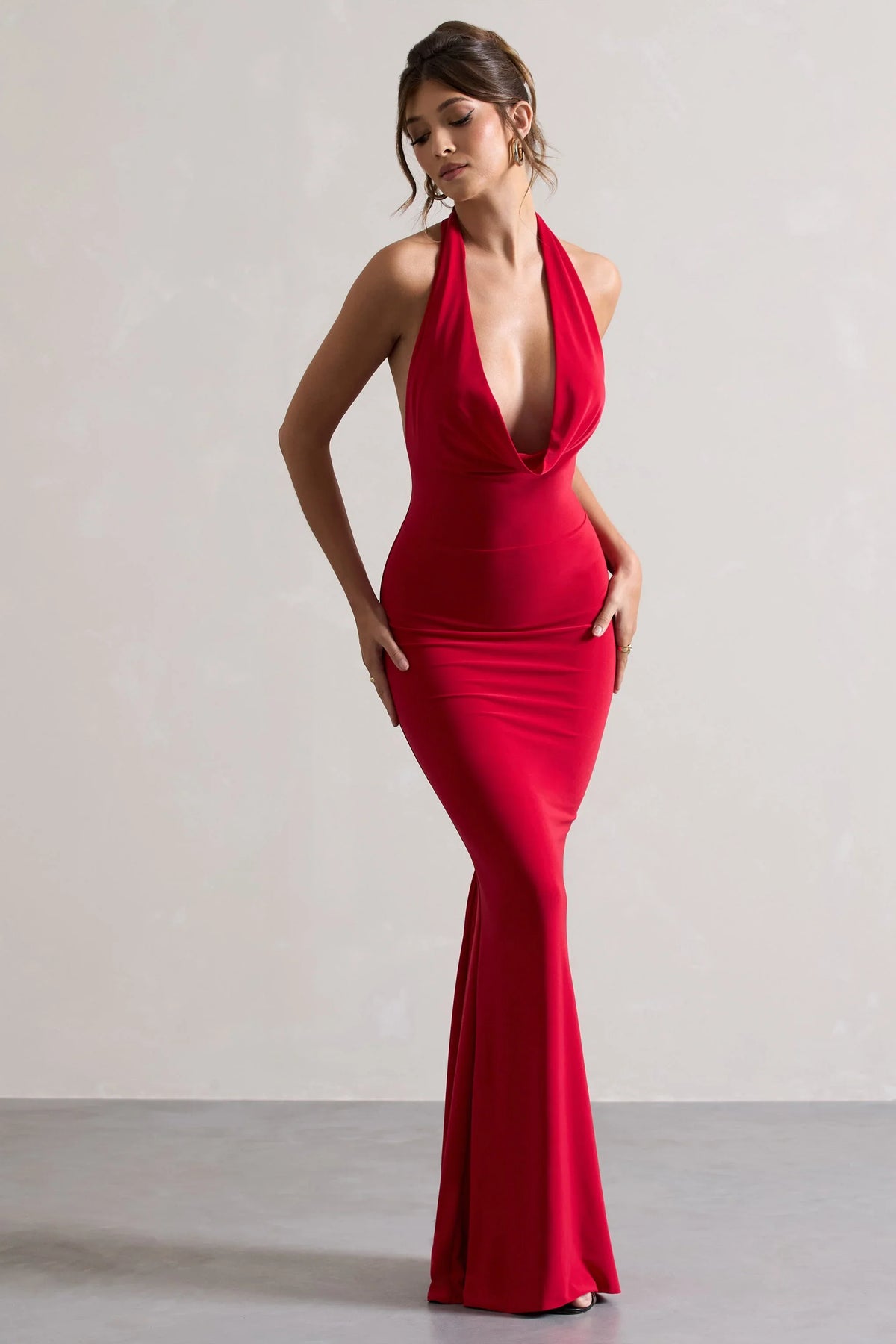 Milani Red Backless Cowl Neck Fishtail Maxi Dress