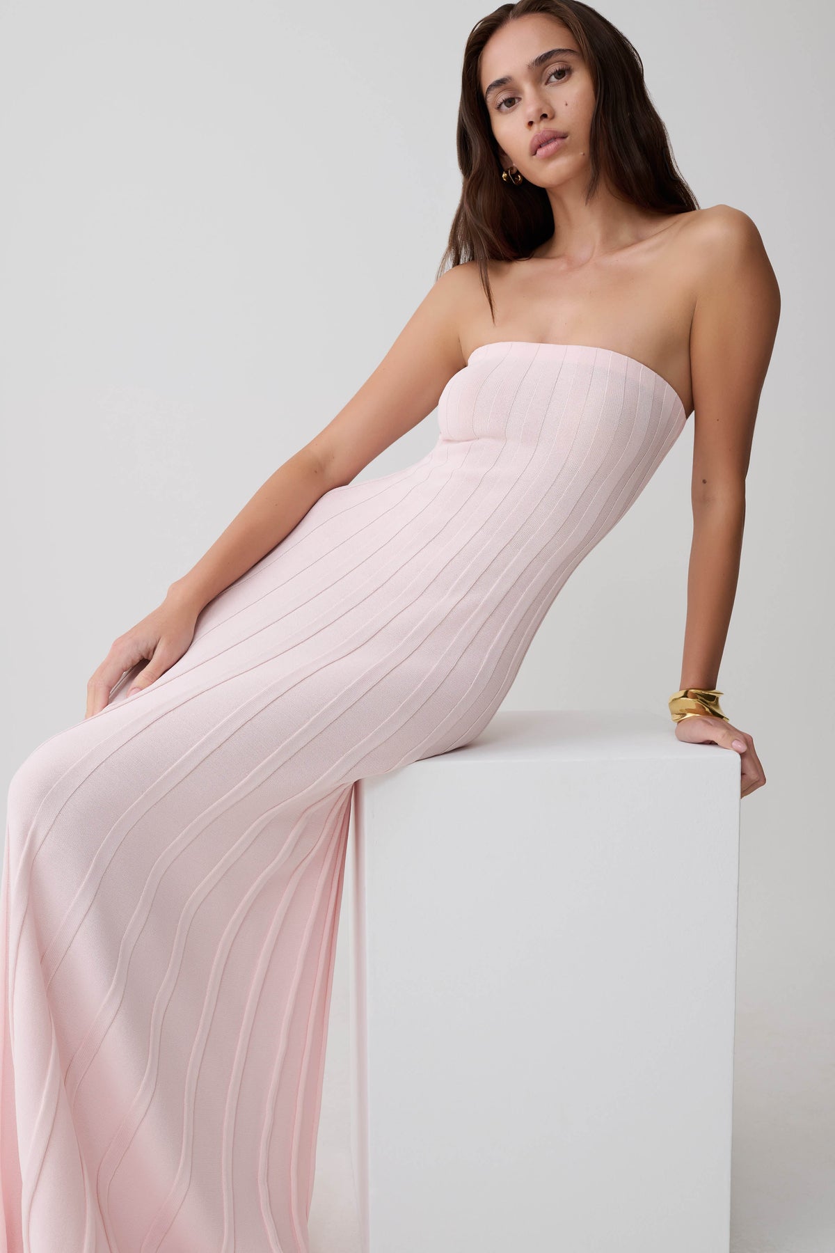 Pia Ribbed Strapless Maxi Dress Baby Pink