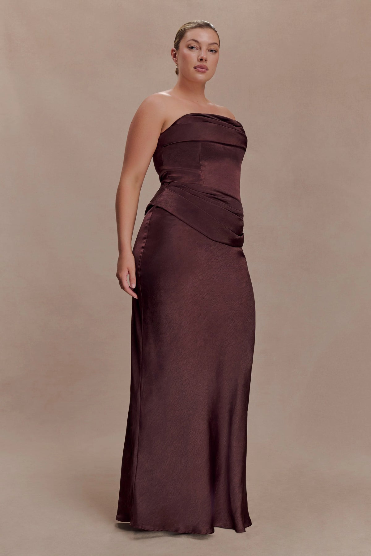Jasmine Strapless Satin Maxi Dress Dark Chocolate