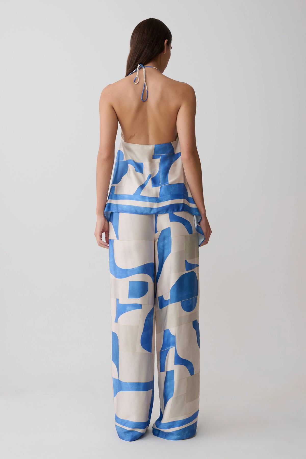 Rachel Satin Straight Leg Pants Blue Geo Tile Print