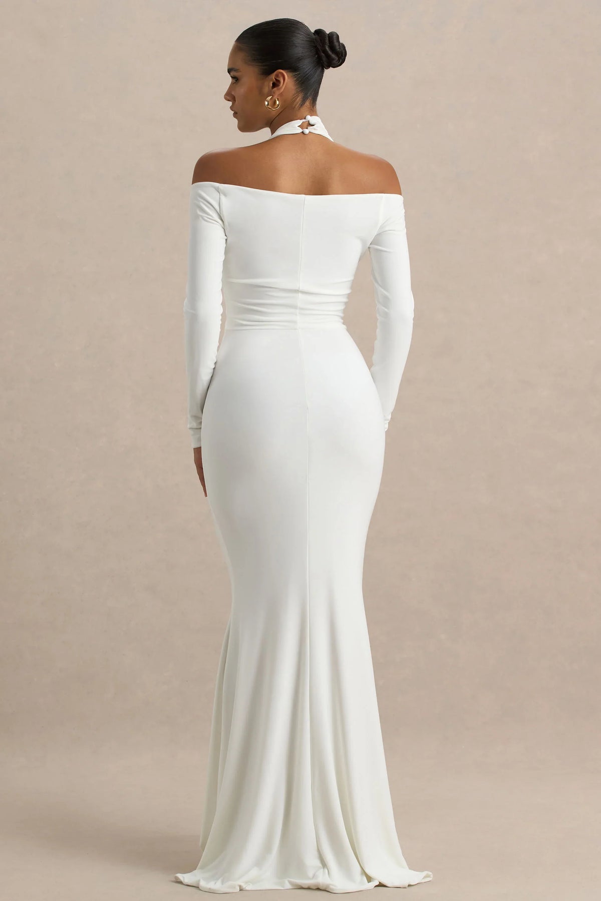 Living High White Halter Neck Maxi Dress With Long Sleeves