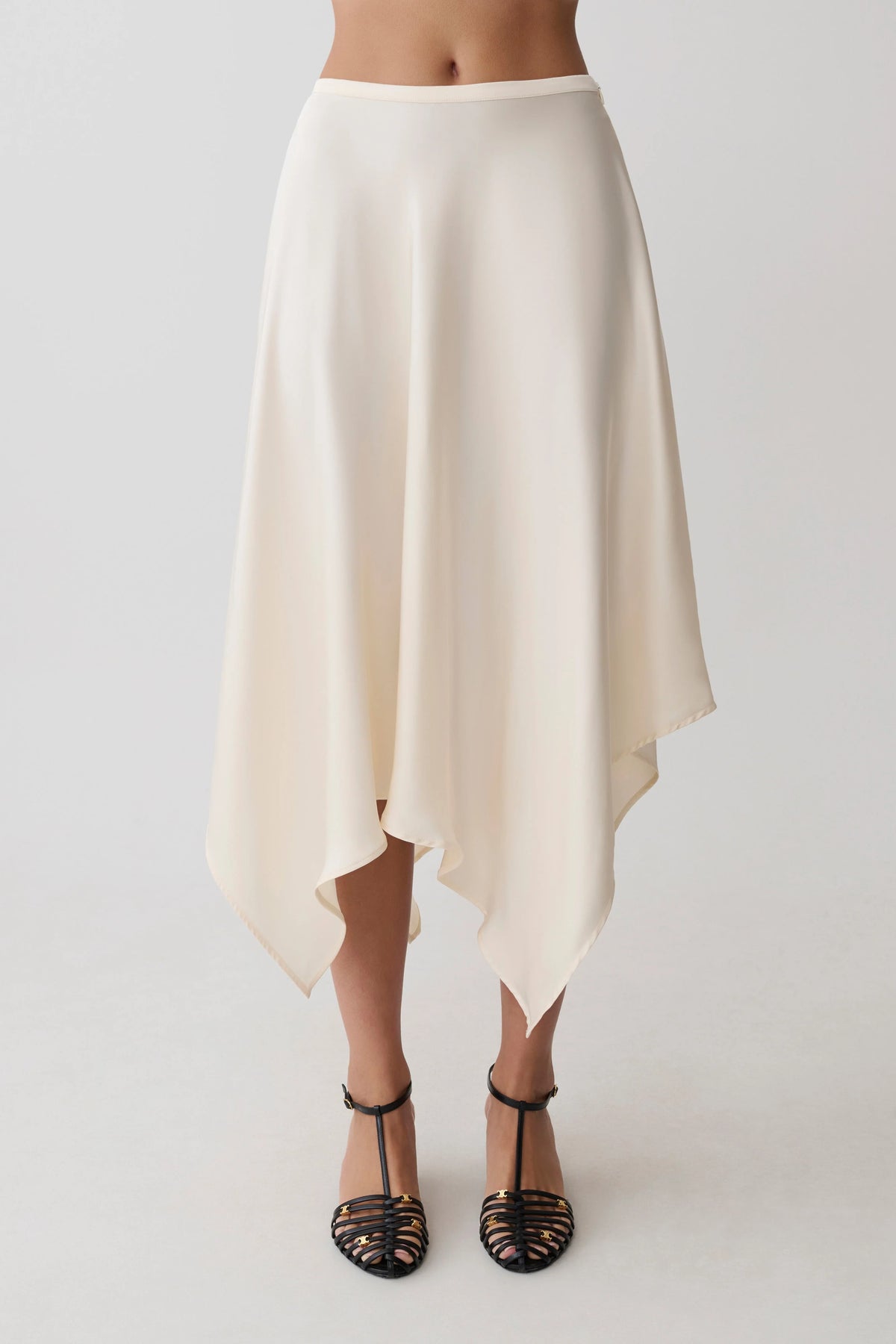 Coralie Asymmetric Satin Midi Skirt Ivory