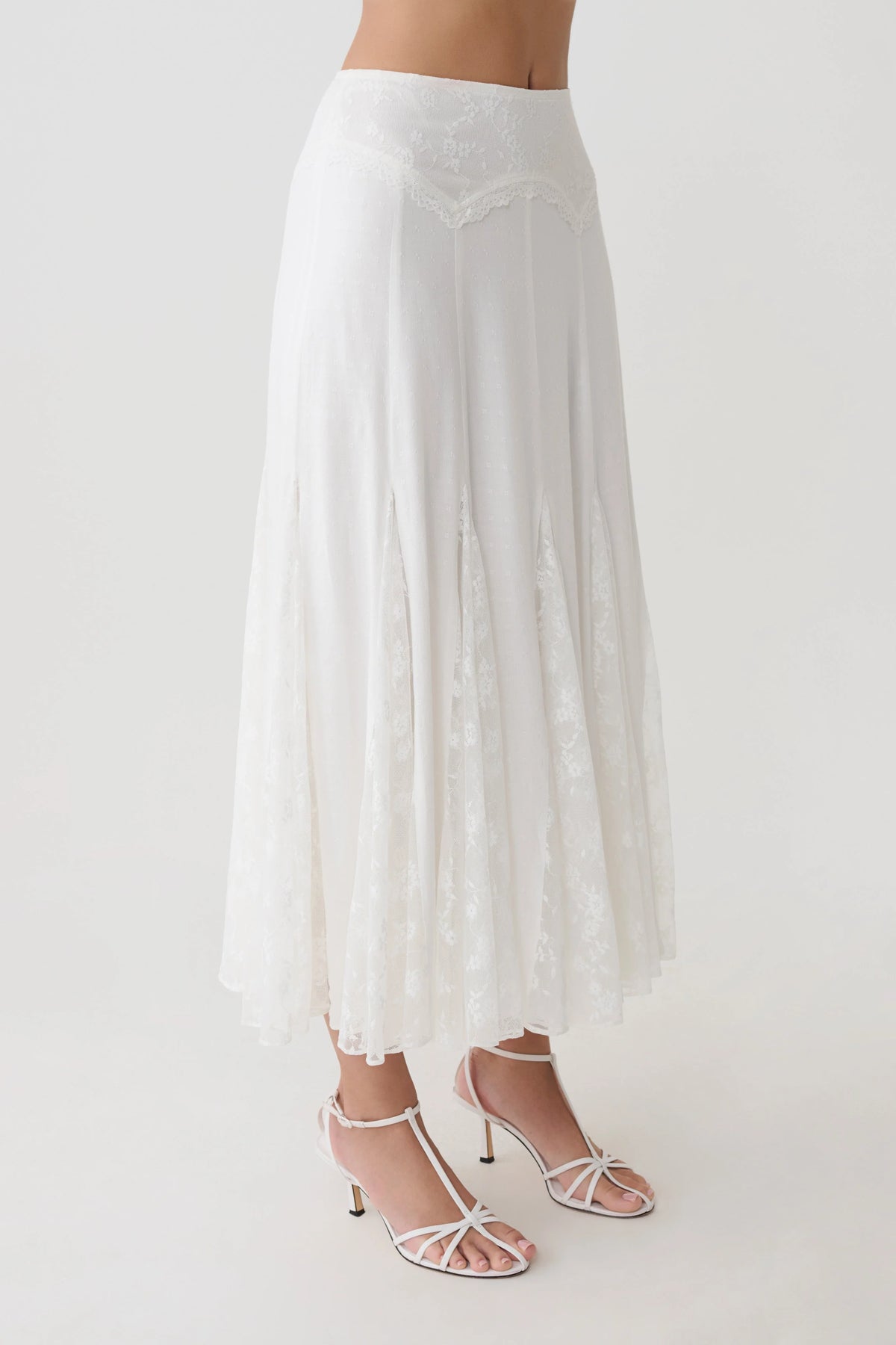 Skylar Lace Panelled Midi Skirt White