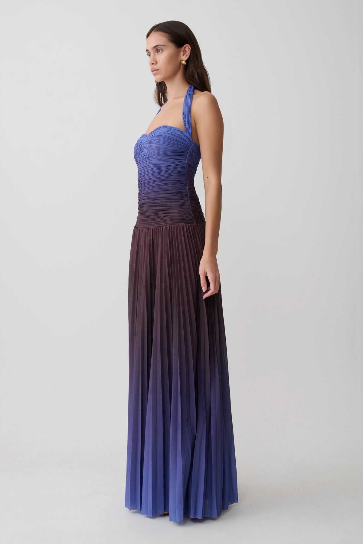 Azizi Pleated Halter Midi Dress Chocolate Blue Ombre Print