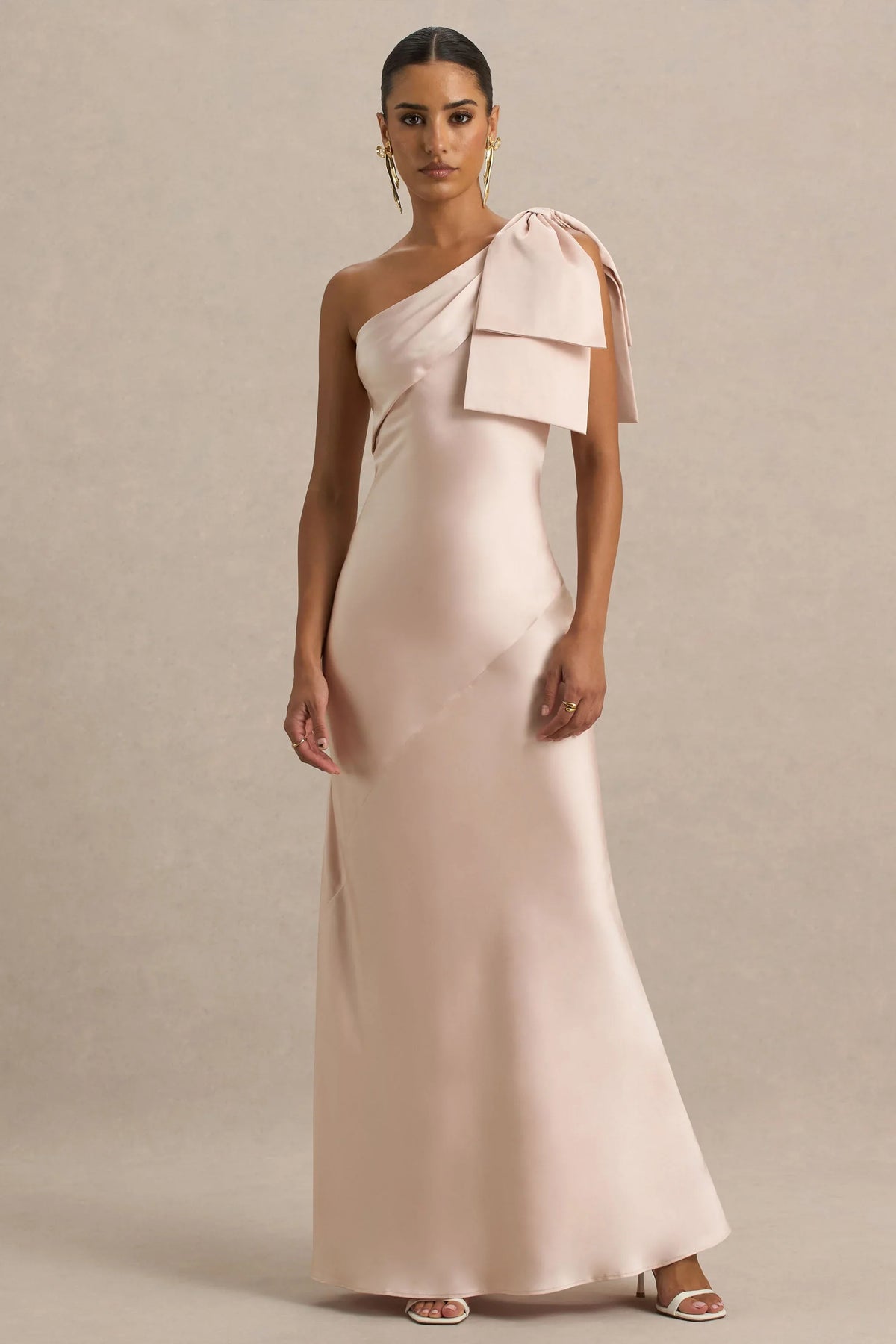 Valerie Light Pink Satin Asymmetric Neck Maxi Dress With Bow Detail