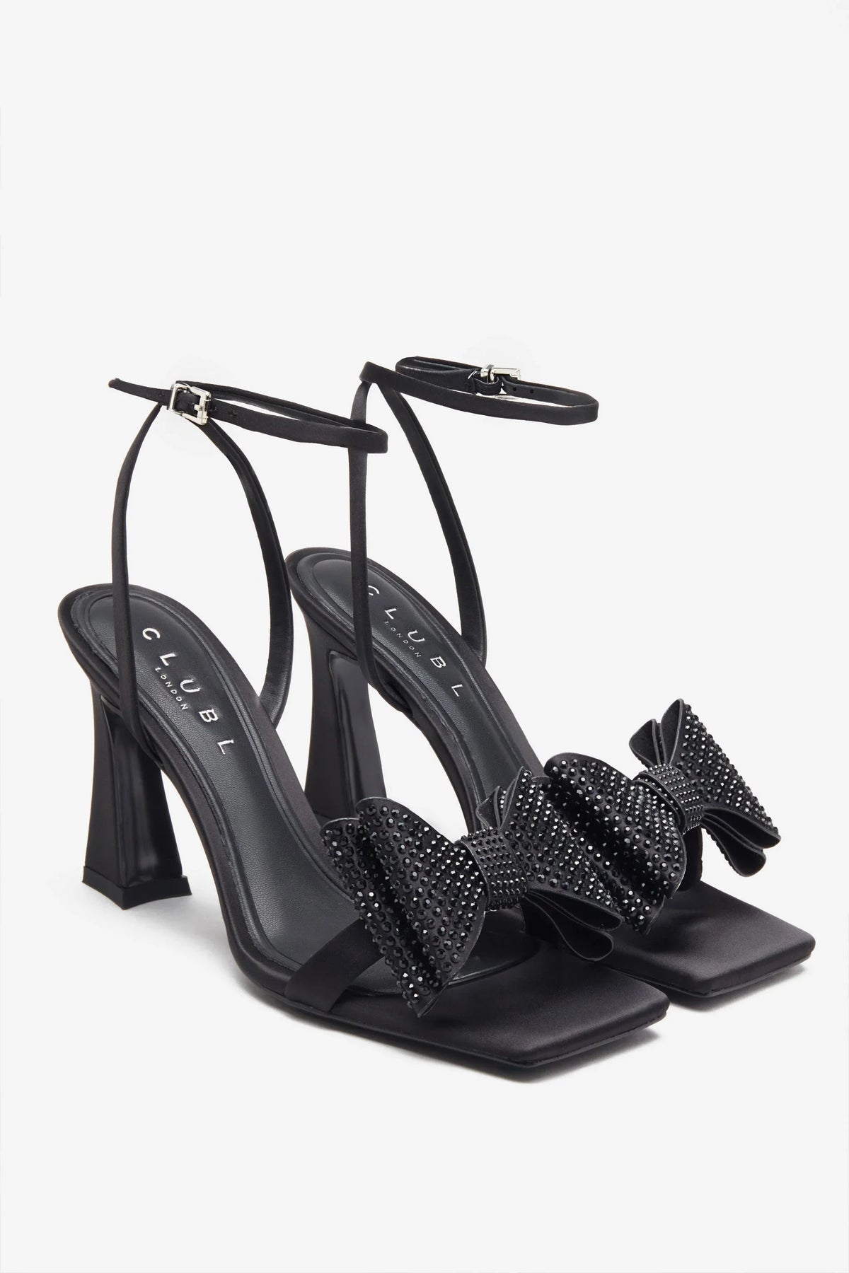 Headlines Black Ankle Strap Heeled Sandals With Diamante Bows