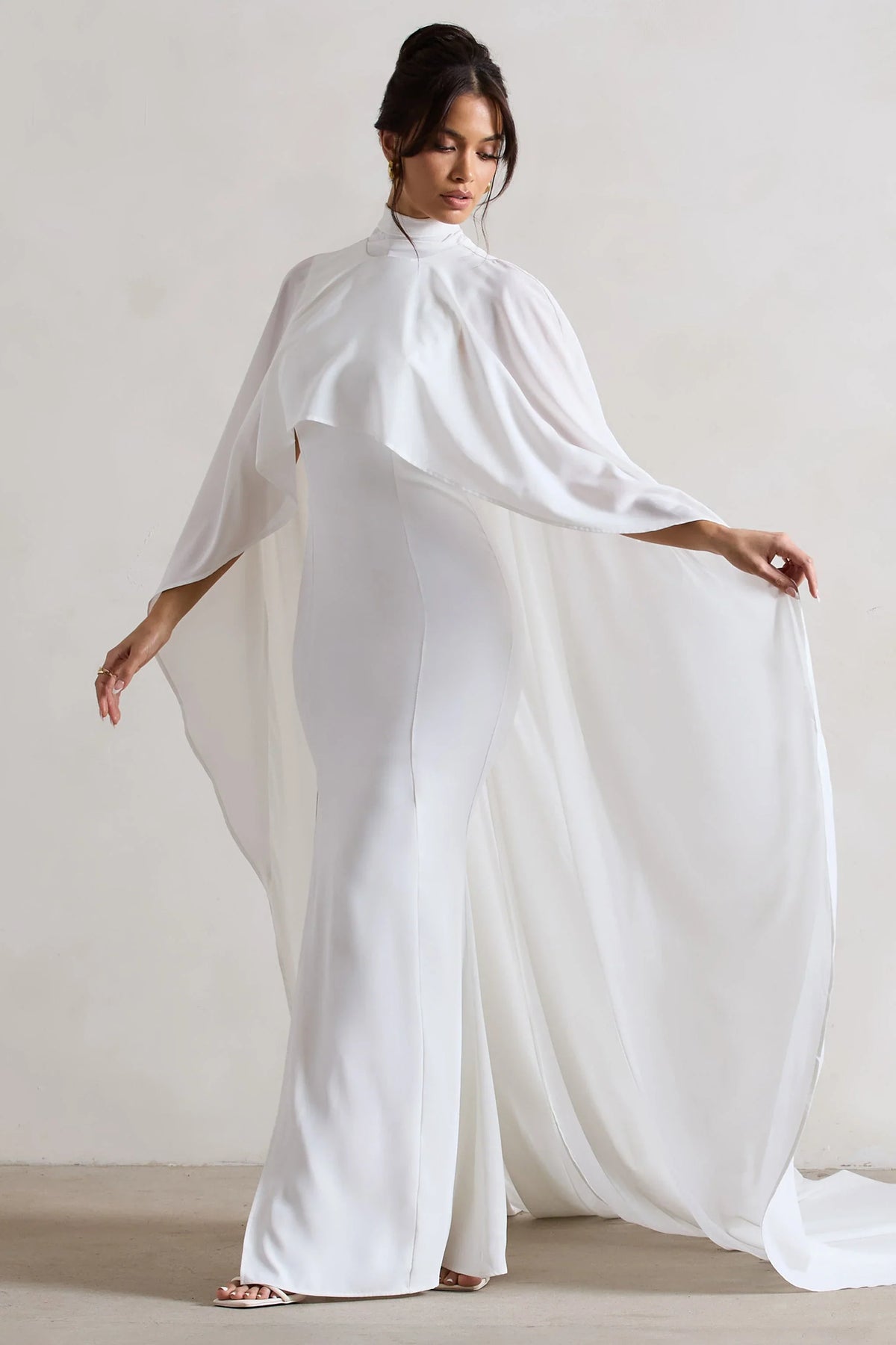 Saint Cream Fishtail Split Maxi Dress With Chiffon Cape