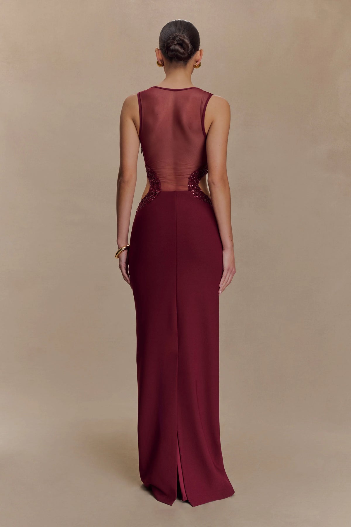 Angelique Beaded Crepe Maxi Dress Wine