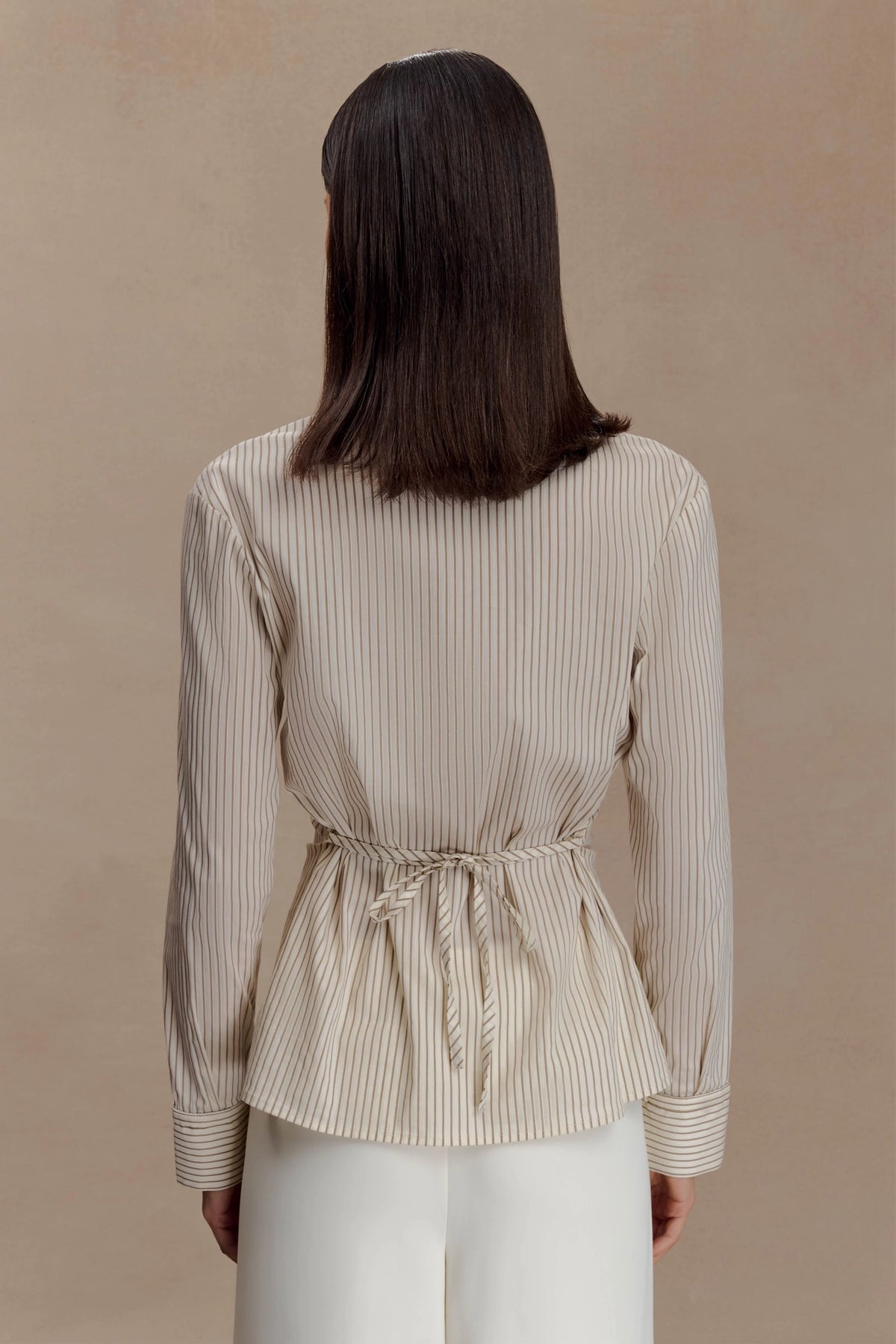 Millie Tie Back Cotton Shirt Beige Pinstripe