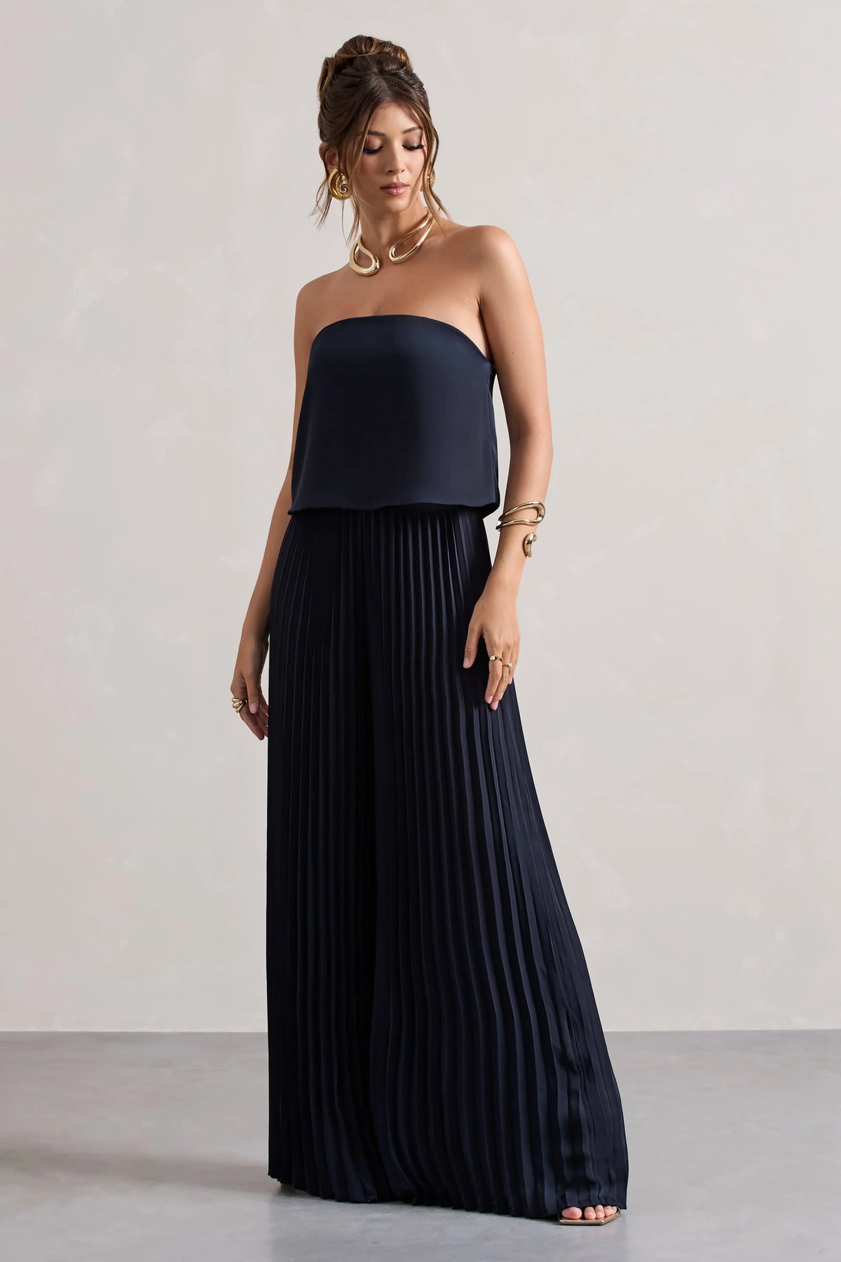Tammi Navy Satin Strapless Plisse Wide Leg Jumpsuit