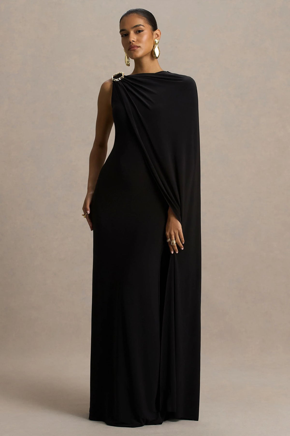 Cressida Black Asymmetric Neck Maxi Dress With Cape And Gold Detail