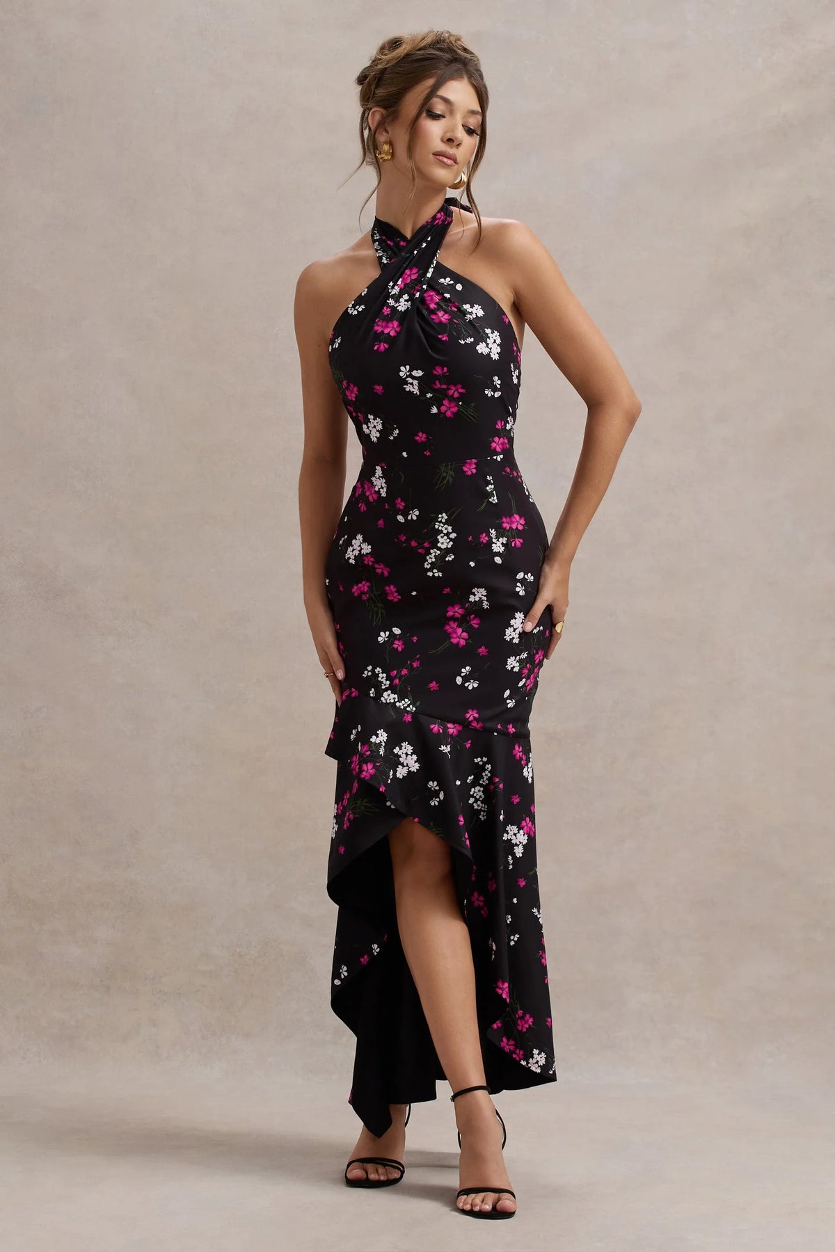 Melodia Black Ditsy Floral Print Satin Halter Neck Ruffled Maxi Dress