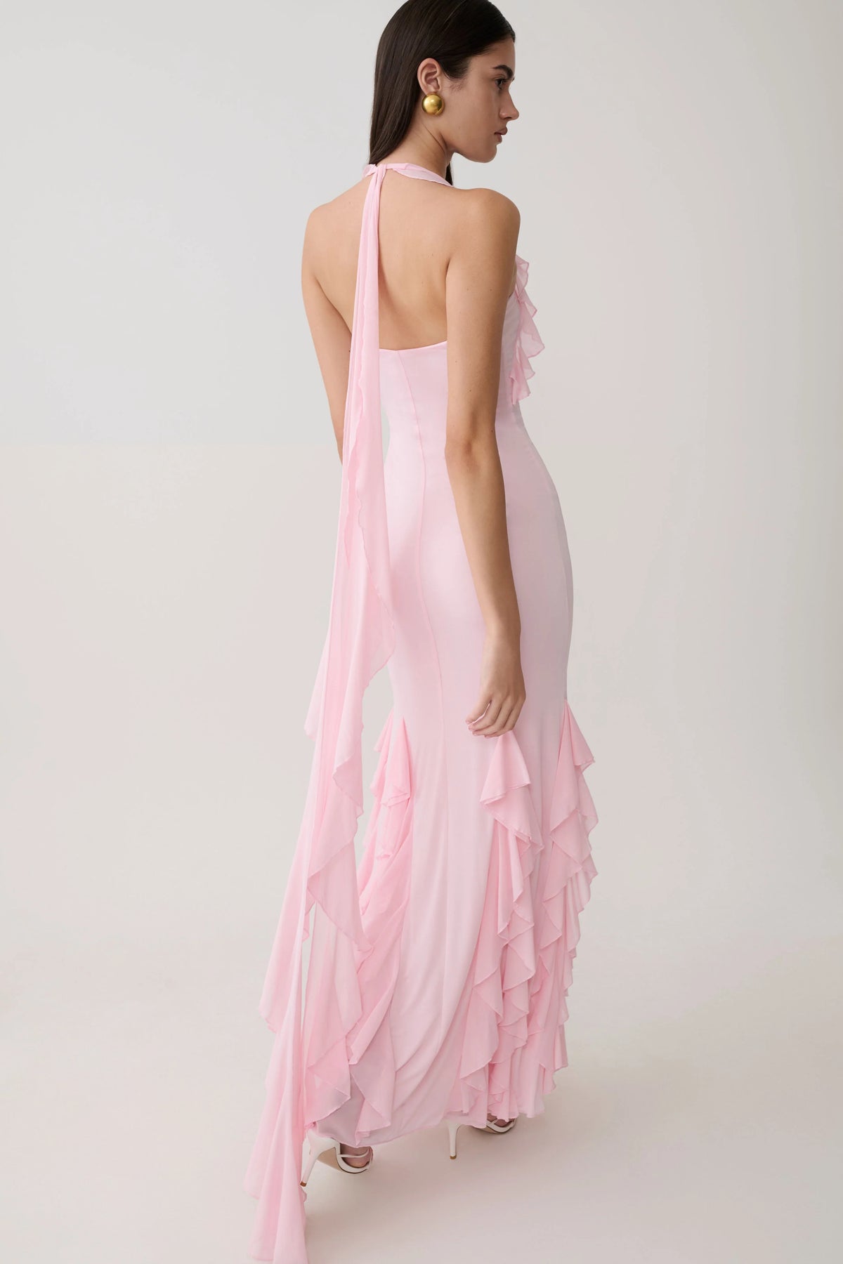 Etta Ruffle Slinky Maxi Dress Pale Pink
