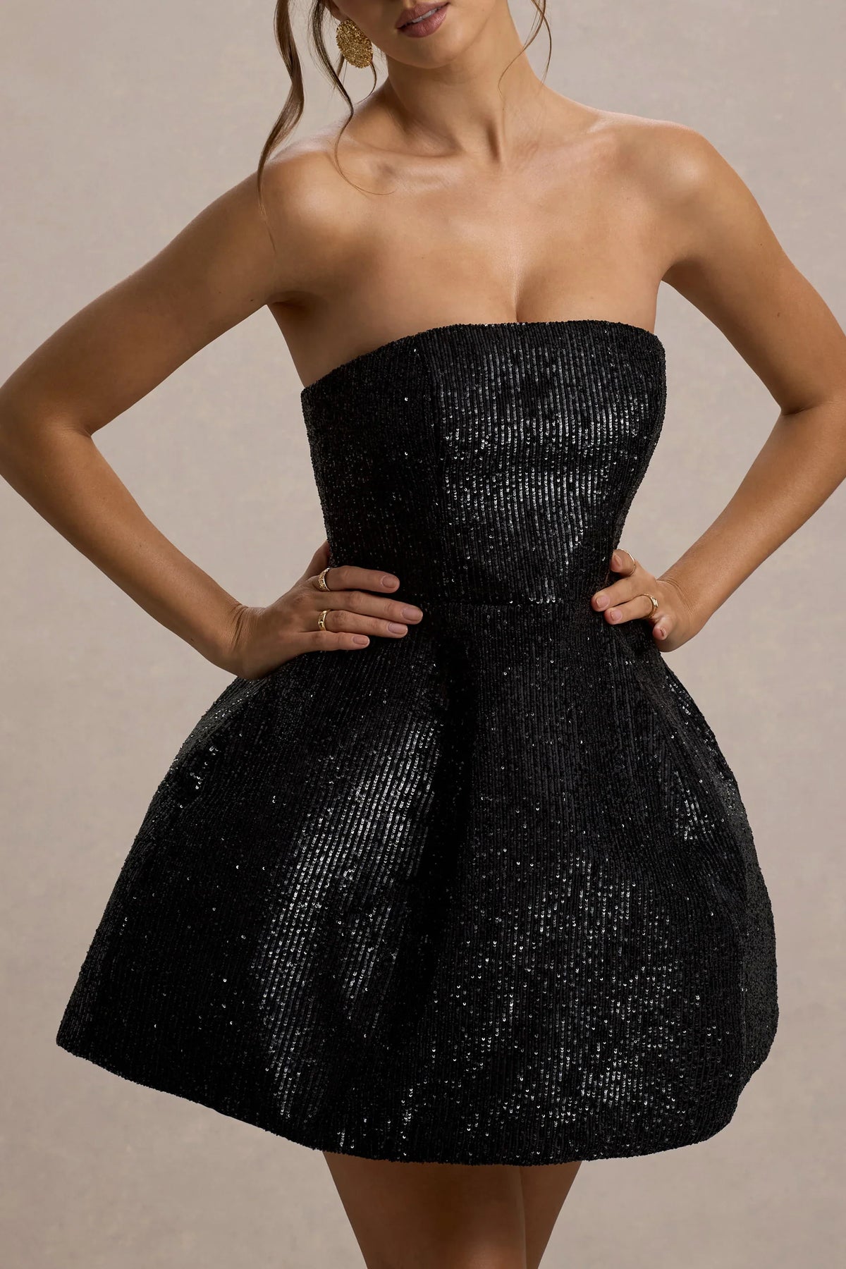 Clarabell Black Sequin Bandeau Structured Mini Dress