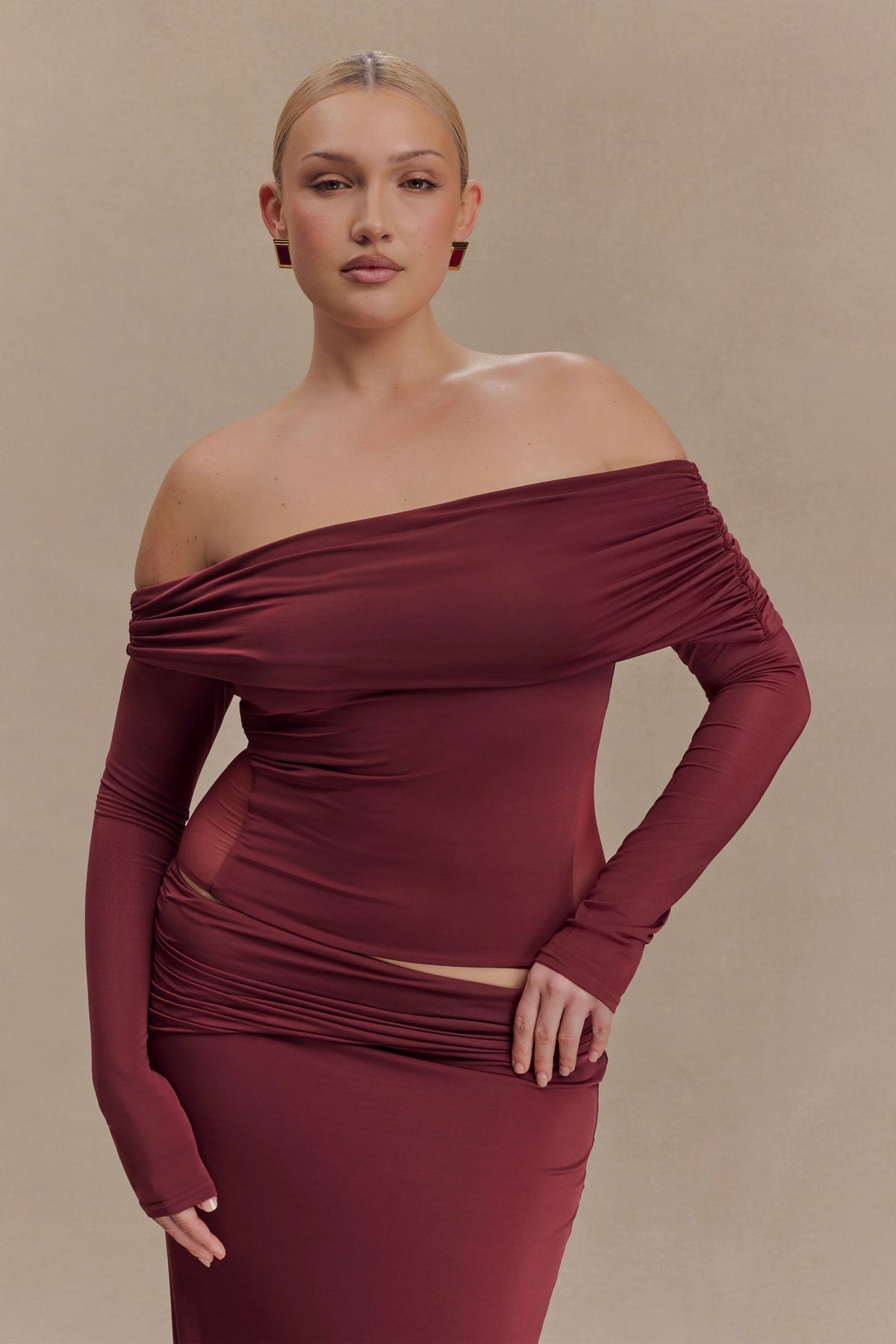 Judy Slinky And Mesh Off Shoulder Top Wine