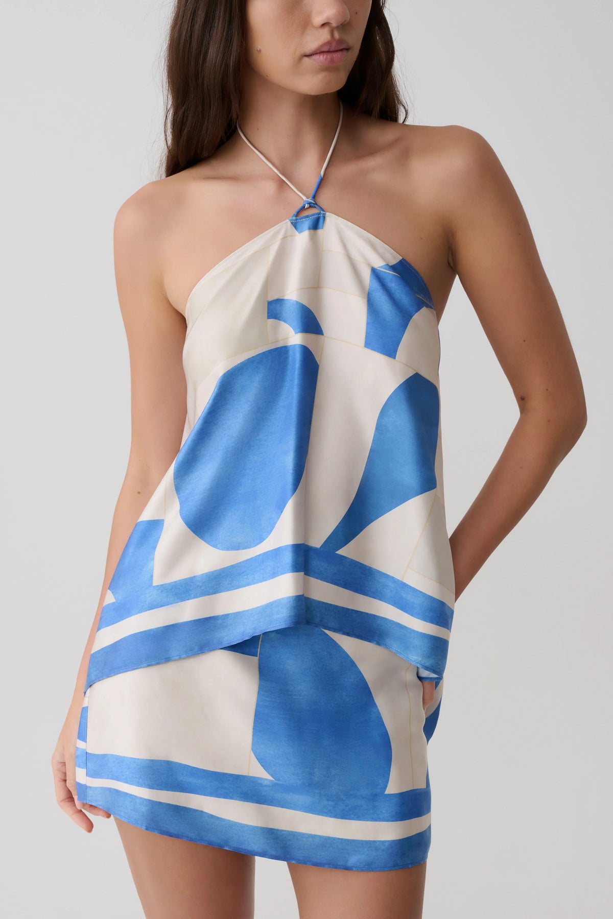 Adelaide Satin Mini Skirt Blue Geo Tile Print