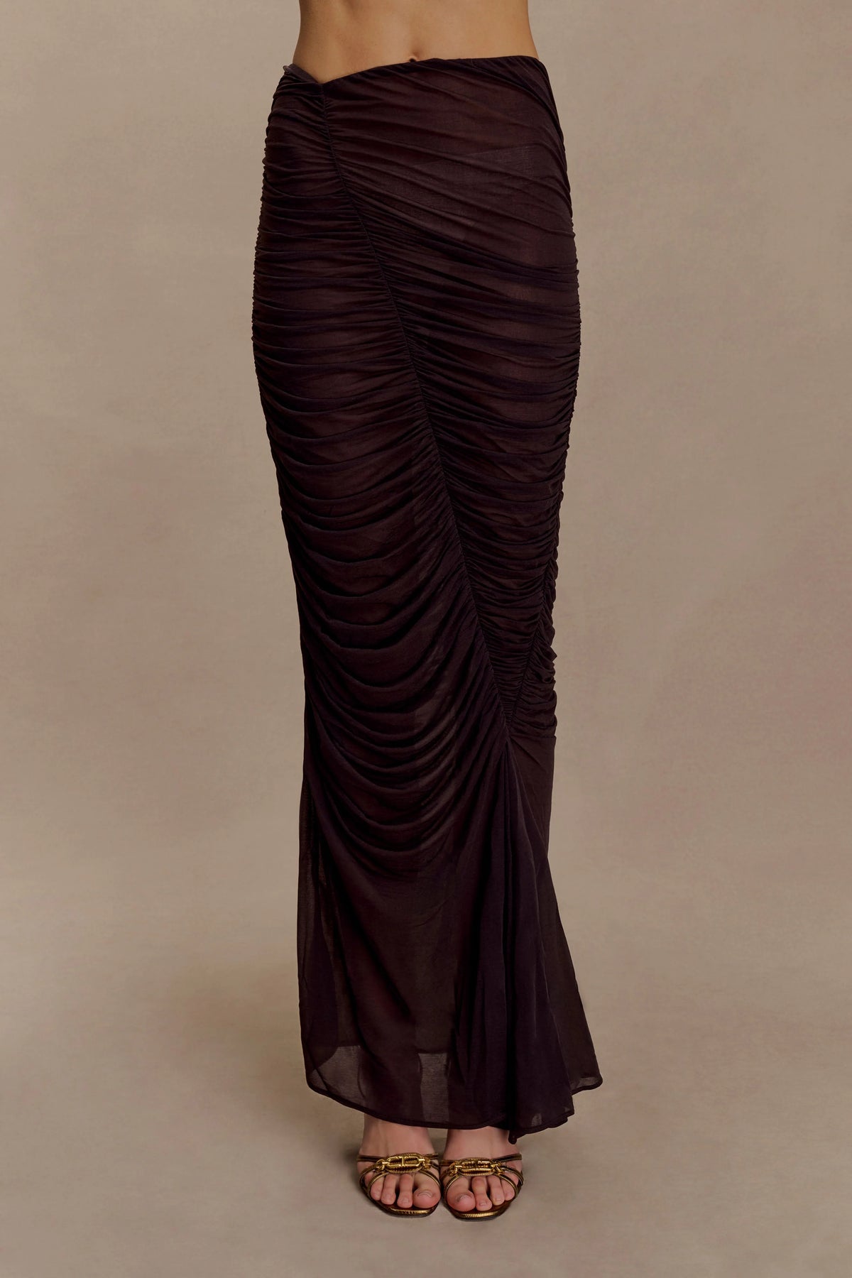 Matilda Ruched Mesh Maxi Skirt Chocolate