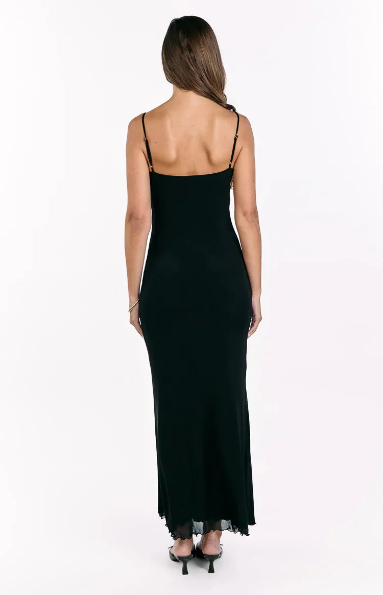 Selina Black Hibiscus Trim Maxi Dress