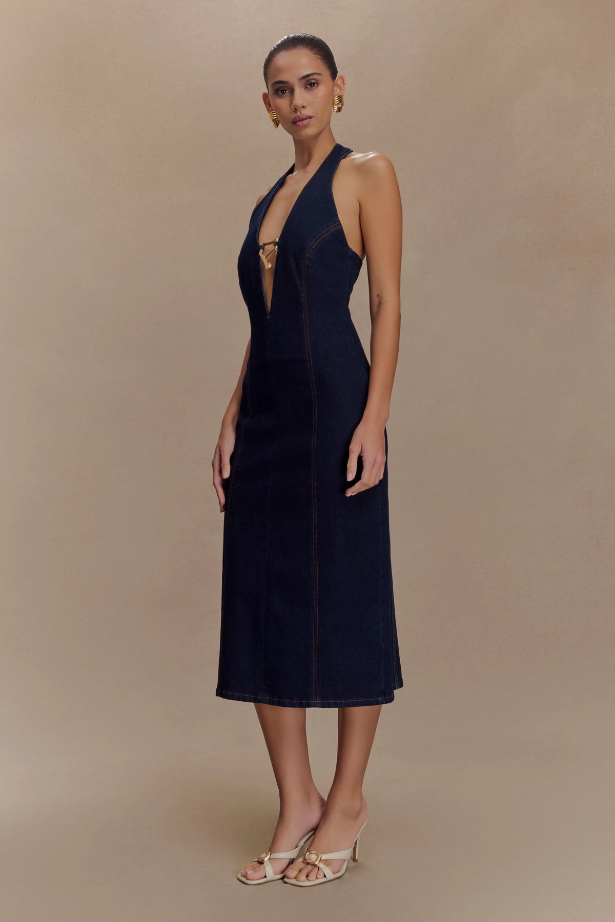 Shauna Denim Halter Midi Dress Indigo Blue
