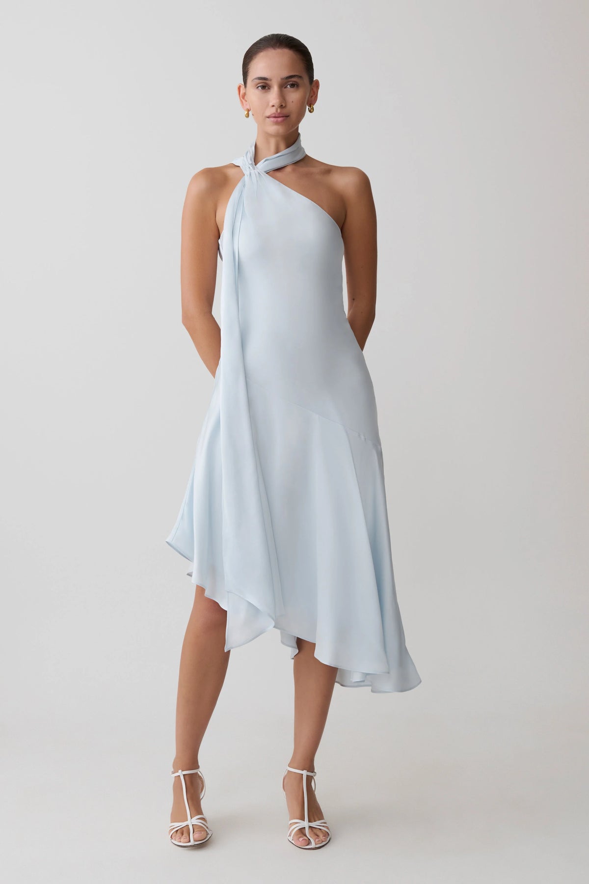 Evelina Halter Asymmetric Hem Midi Dress Ice Blue