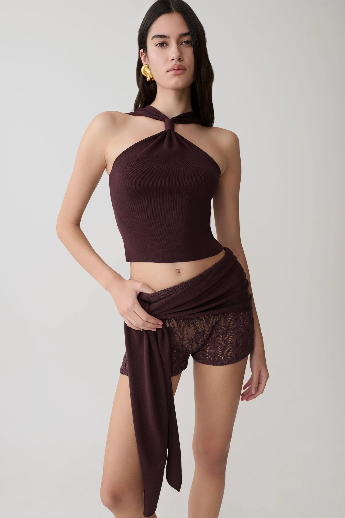 Liora Crochet Shorts With Knit Overlay Chocolate