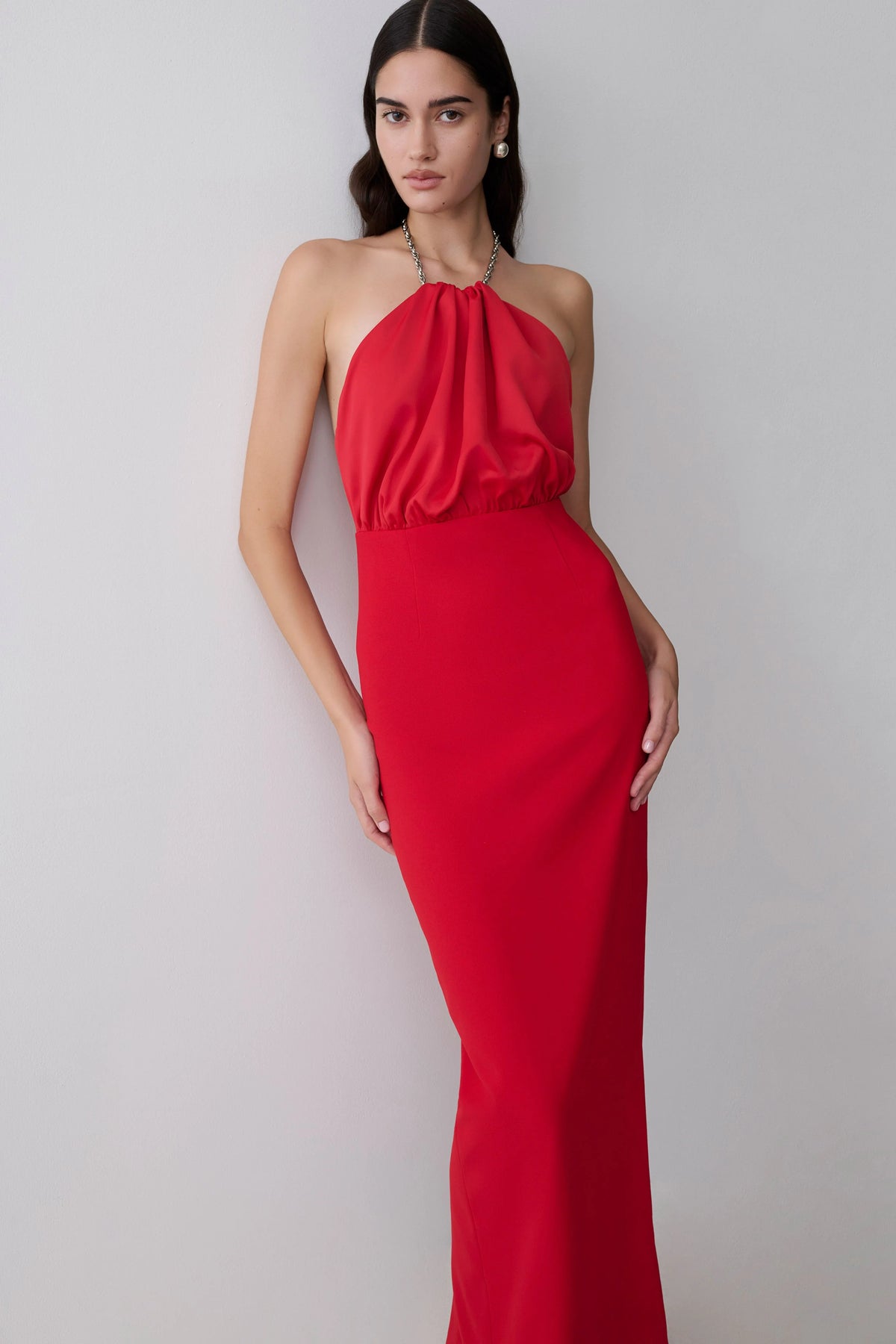 Elina Satin Necklace Maxi Dress Red