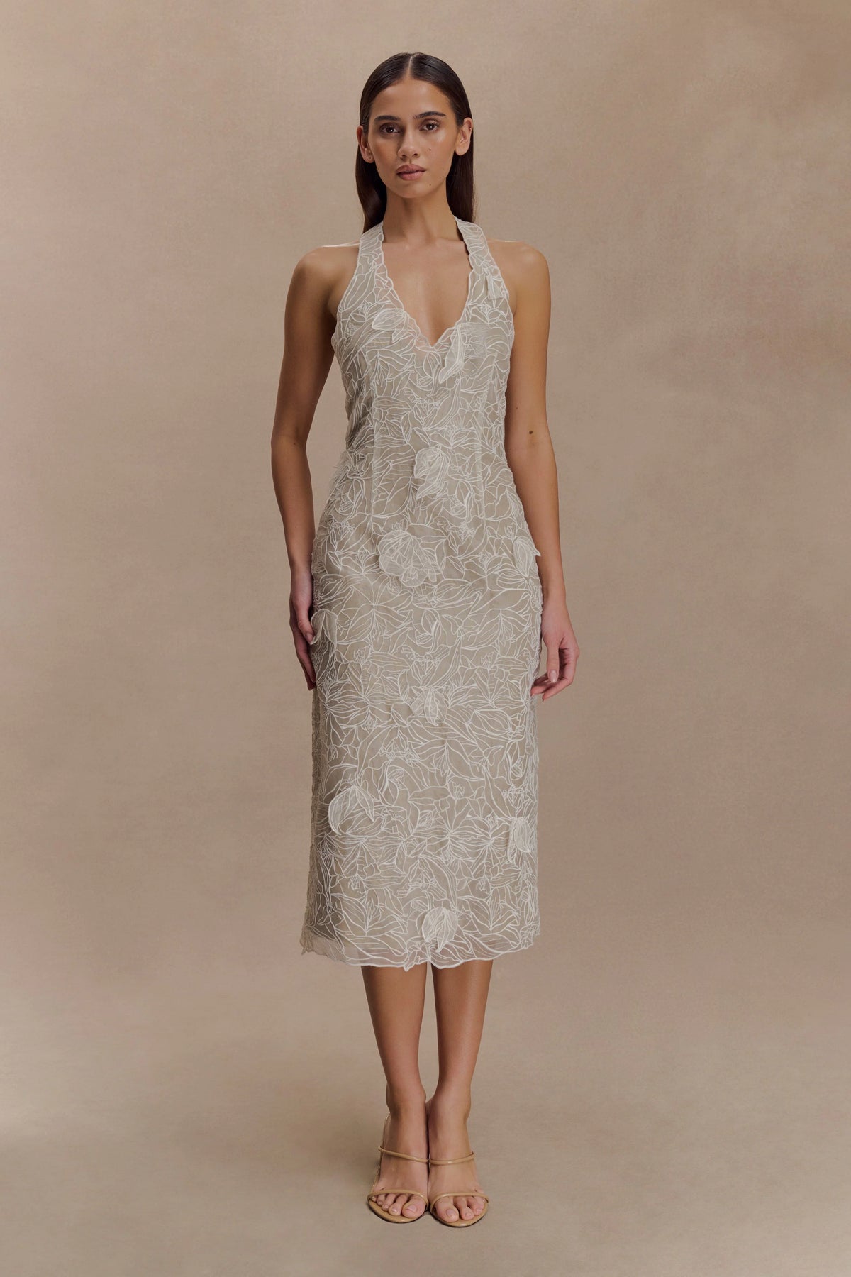 Lenore Silk Lace Halter Midi Dress Ivory