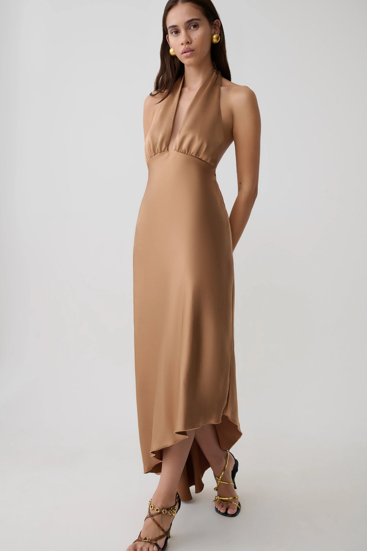 Adelie Asymmetric Hem Halter Midi Dress Cognac
