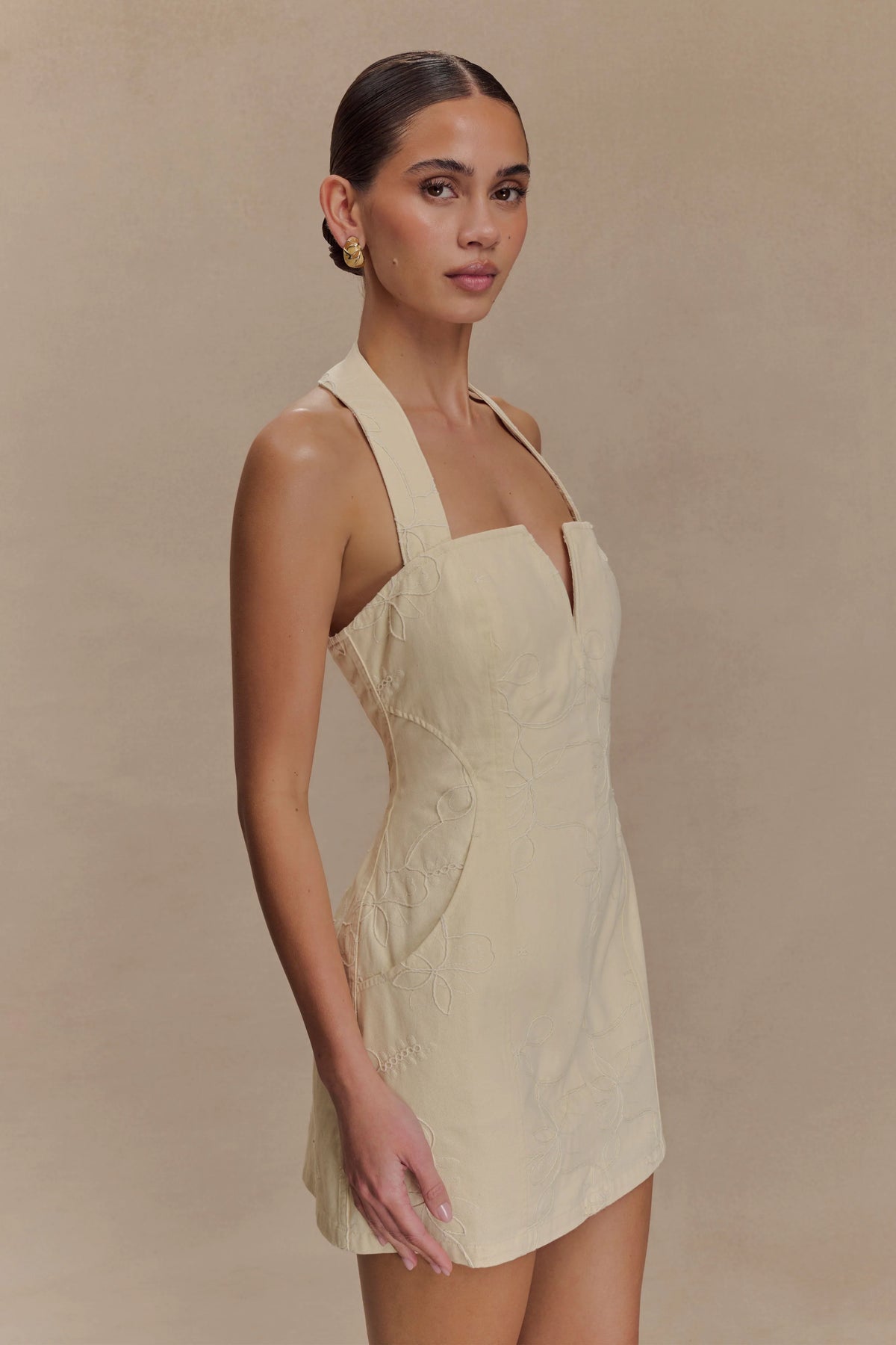 Ebony Embroidered Denim Mini Dress Cream