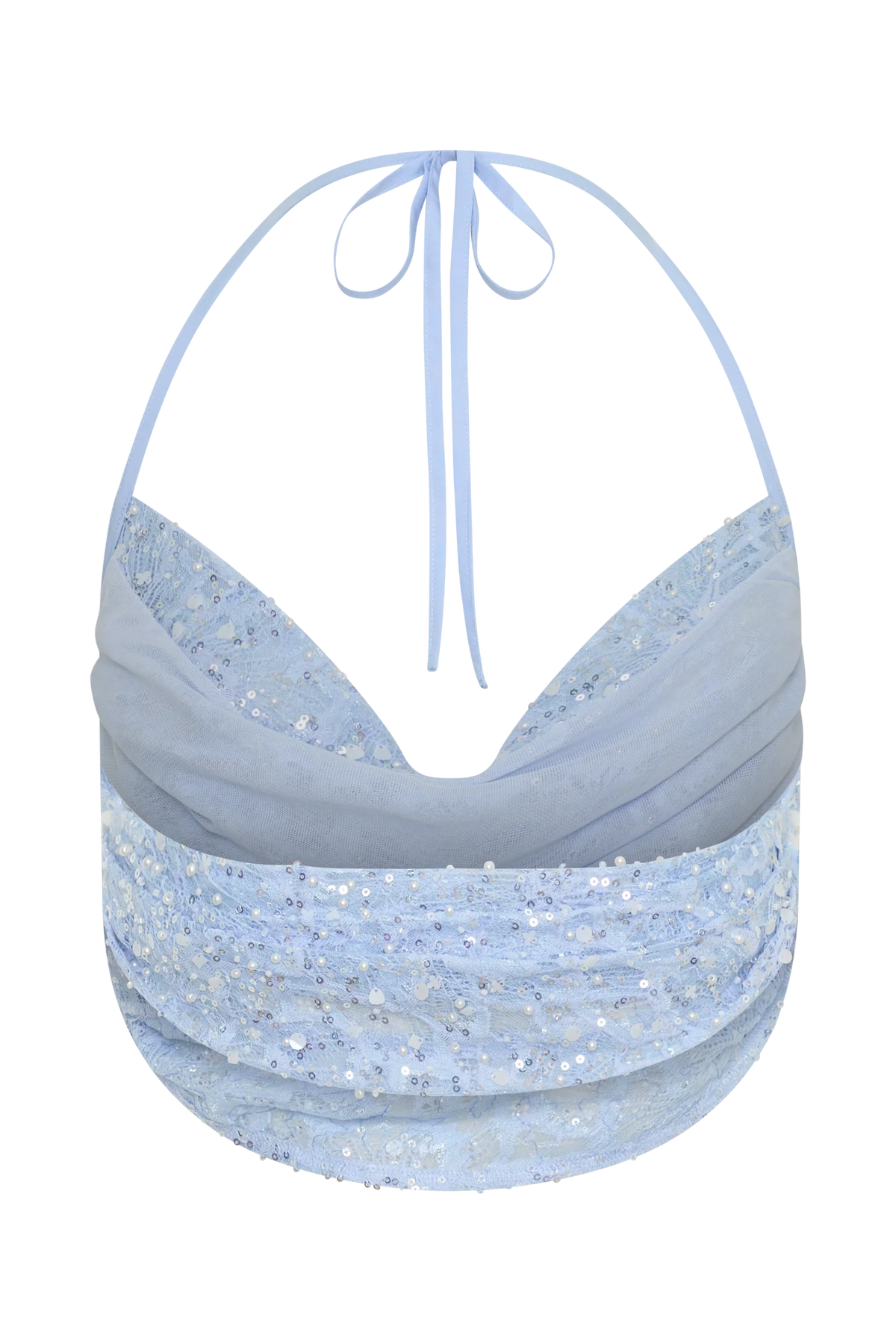 Kiara Pearl Beaded Cowl Crop Top Powder Blue