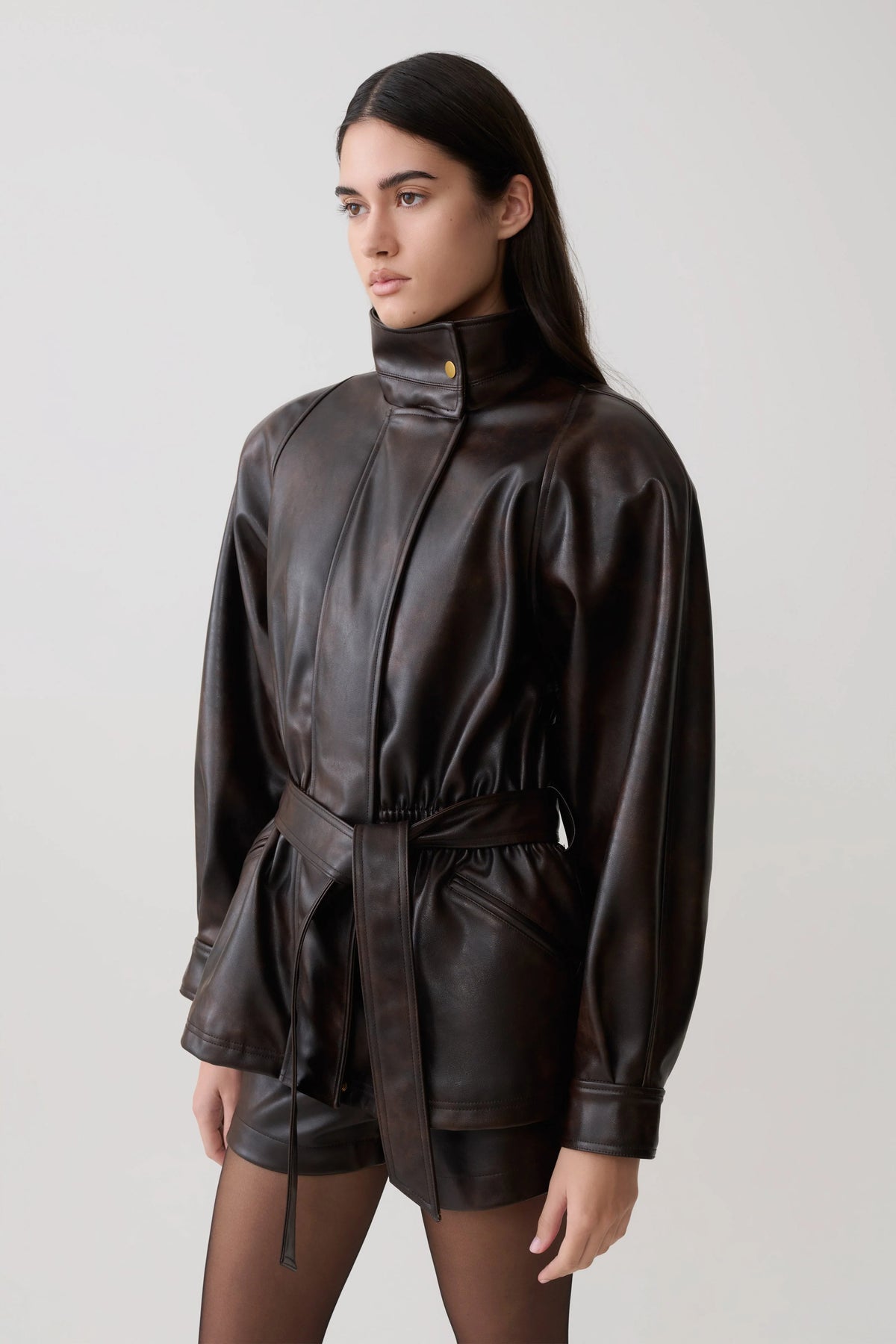 Adaline Faux Leather Cinch Waist Jacket Dark Chocolate