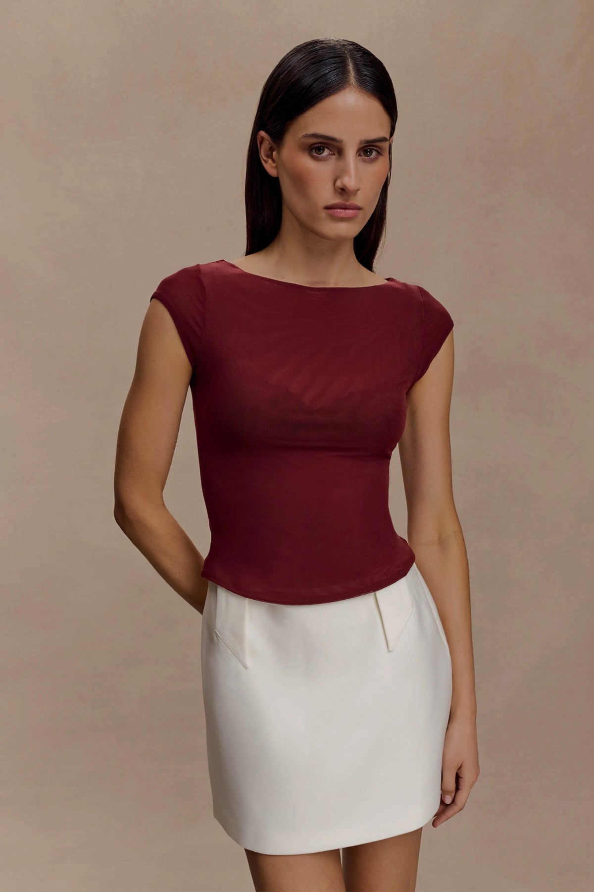 Romana Short Sleeve Mesh Top Burgundy