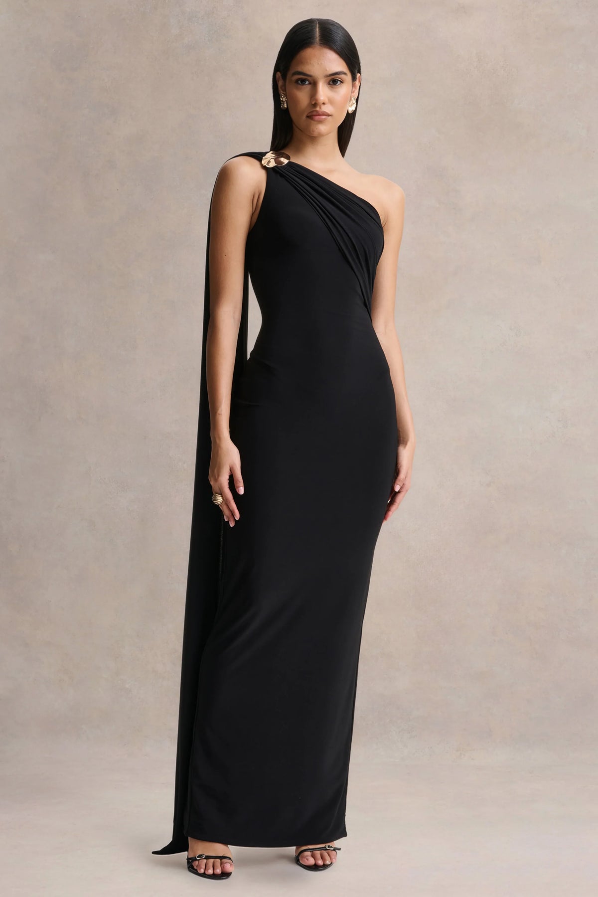 Mandy Black Asymmetric Neck Maxi Dress